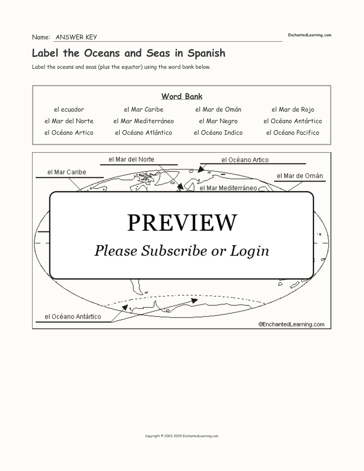 Label the Oceans and Seas in Spanish interactive worksheet page 2