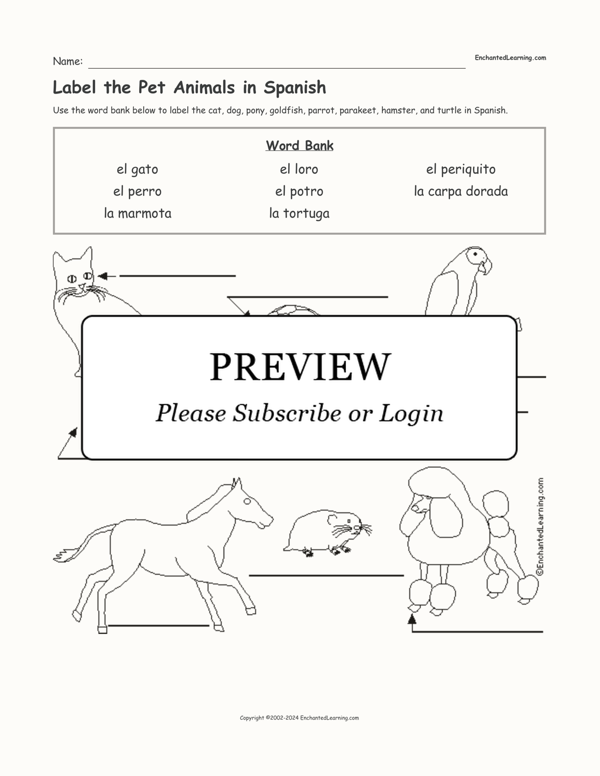 Label the Pet Animals in Spanish interactive worksheet page 1