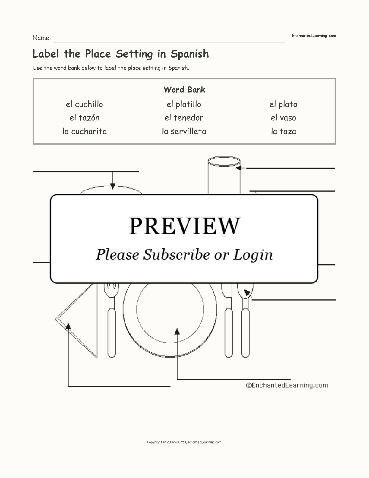 Label the Place Setting in Spanish interactive worksheet page 1