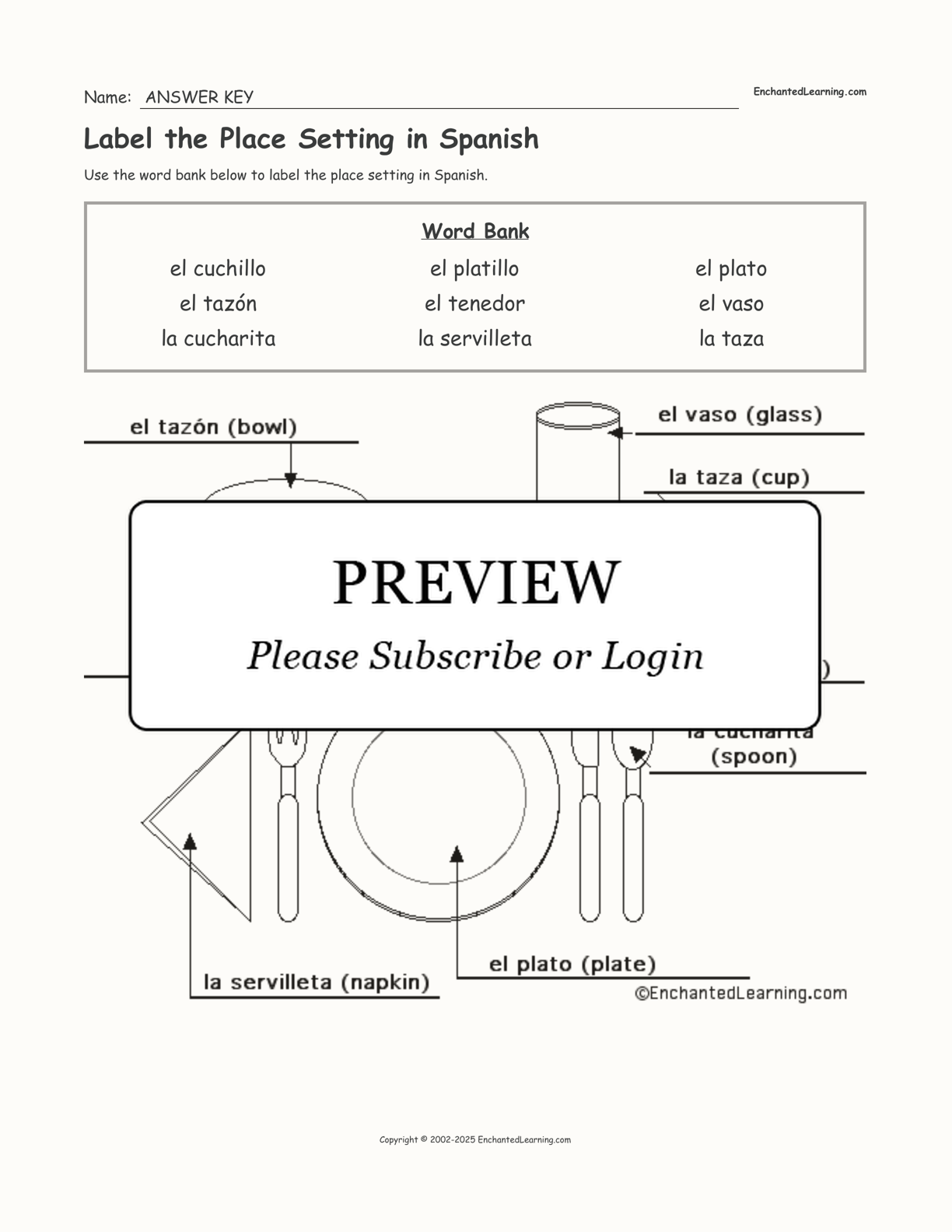 Label the Place Setting in Spanish interactive worksheet page 2