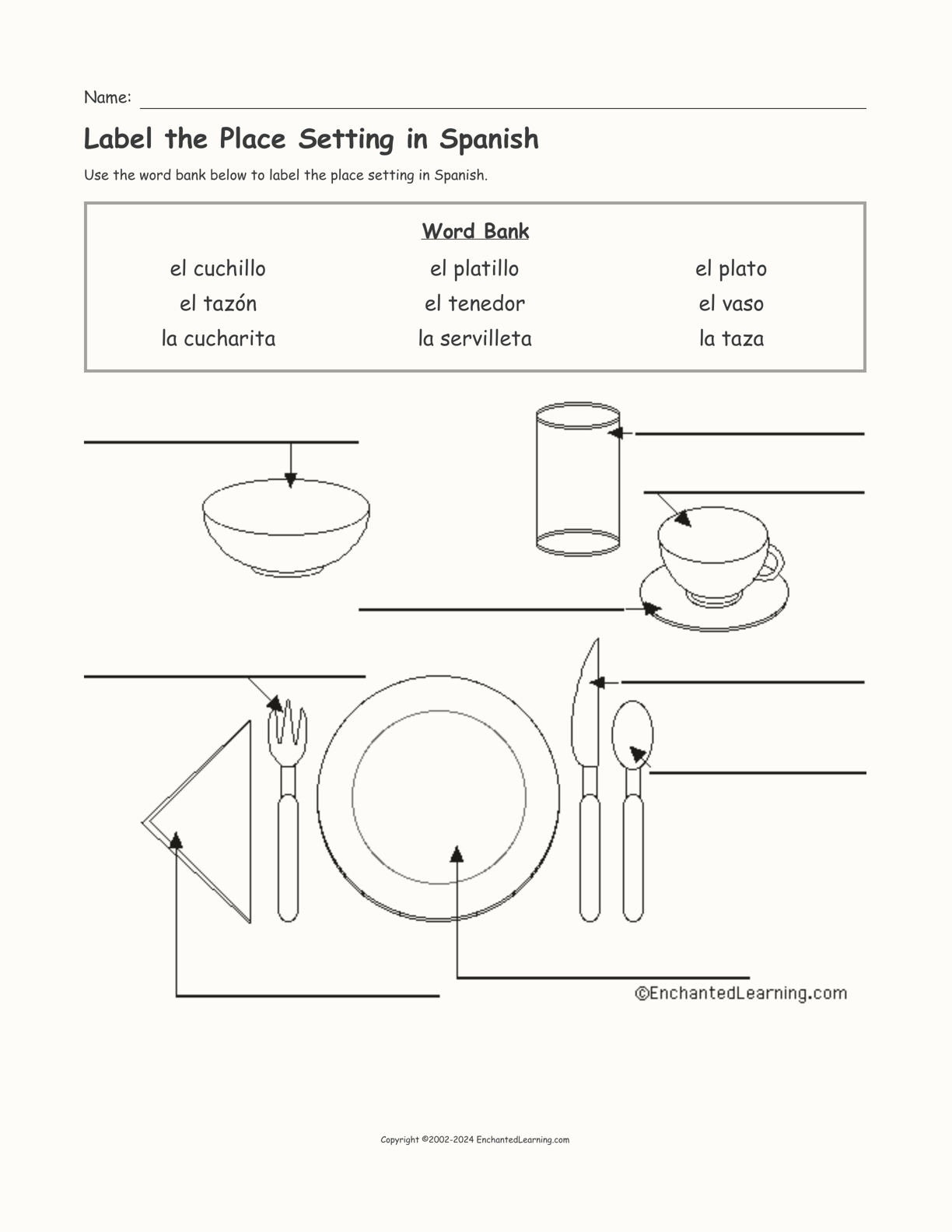 Label the Place Setting in Spanish interactive worksheet page 1
