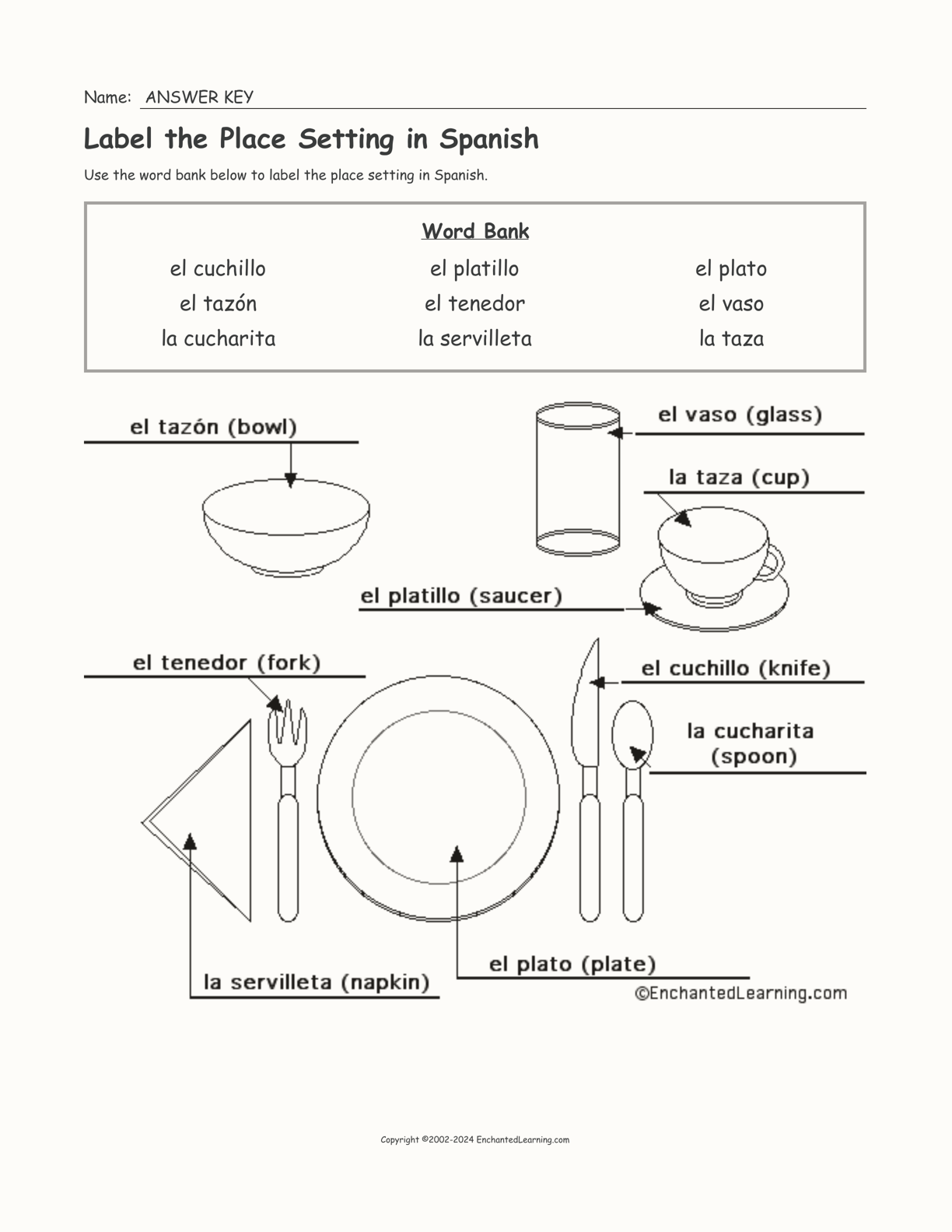 Label the Place Setting in Spanish interactive worksheet page 2