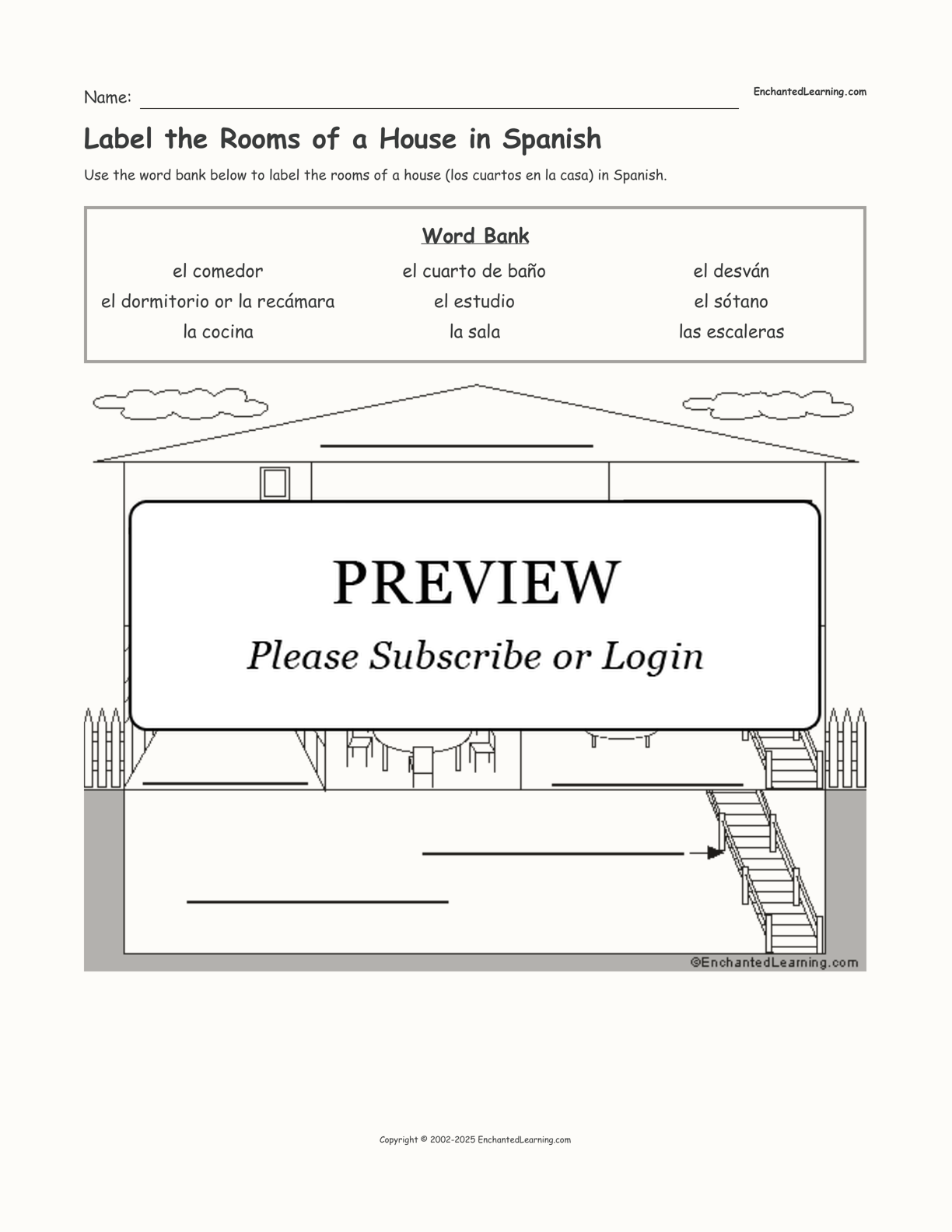 Label the Rooms of a House in Spanish interactive worksheet page 1