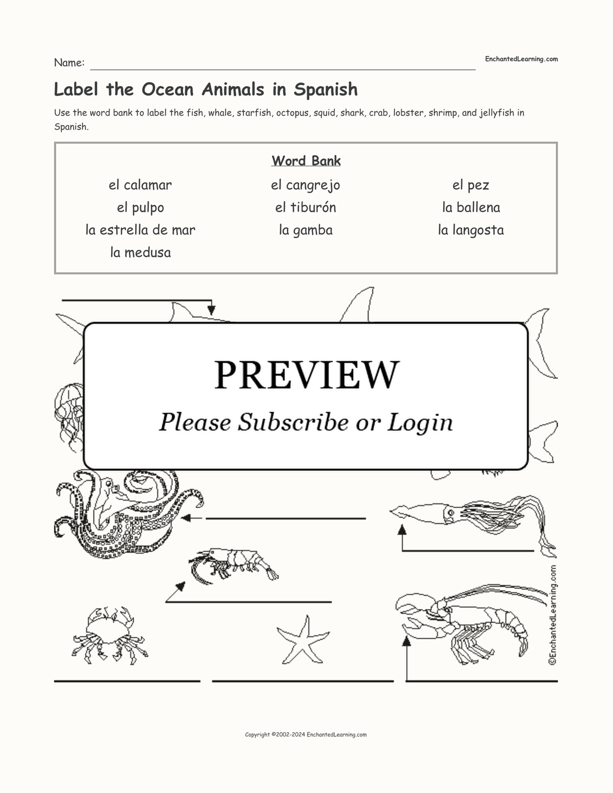 Label the Ocean Animals in Spanish interactive worksheet page 1