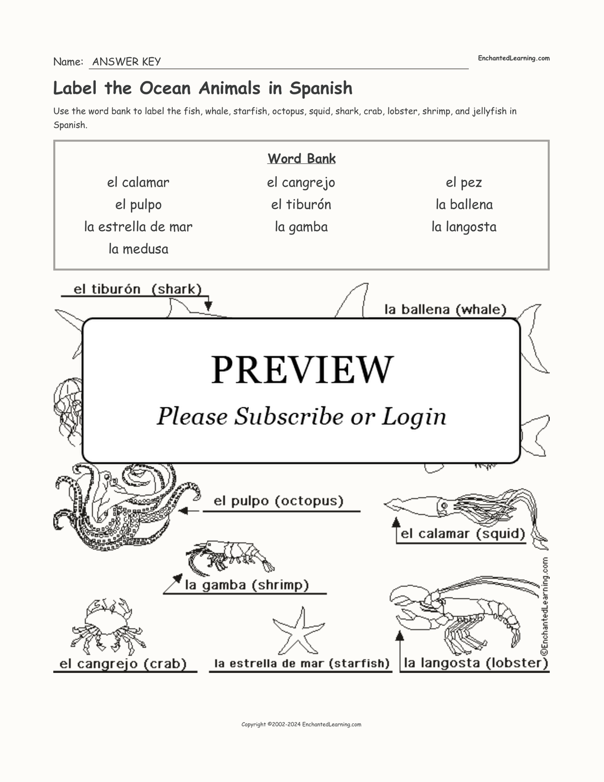 Label the Ocean Animals in Spanish interactive worksheet page 2