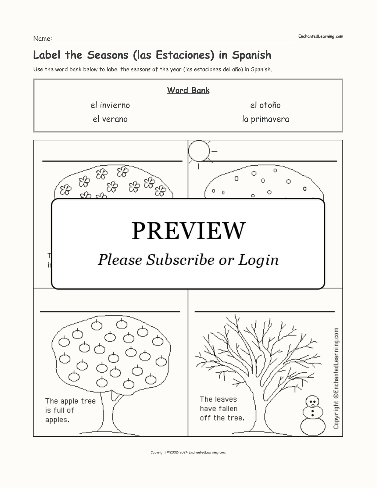 Label the Seasons (las Estaciones) in Spanish interactive worksheet page 1