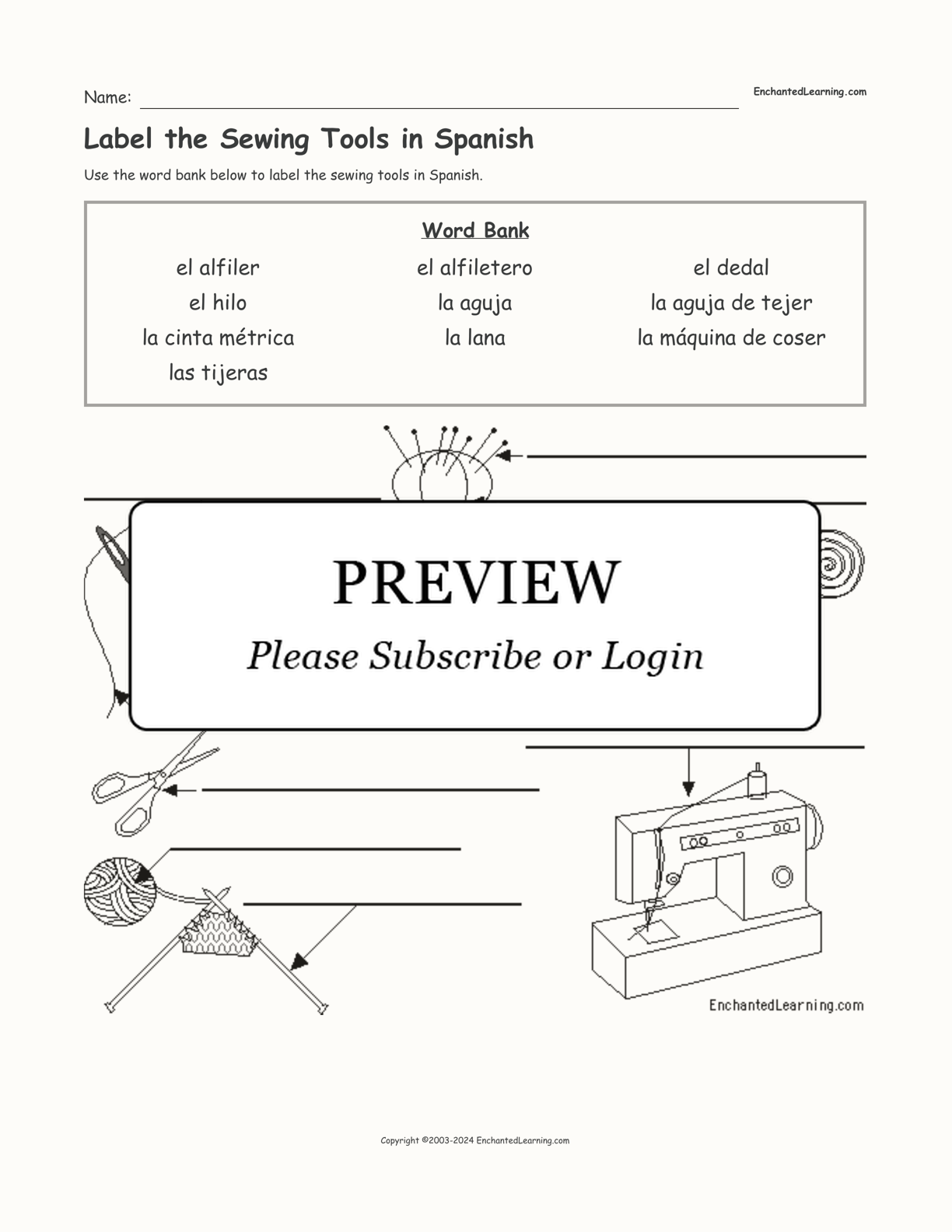 Label the Sewing Tools in Spanish interactive worksheet page 1