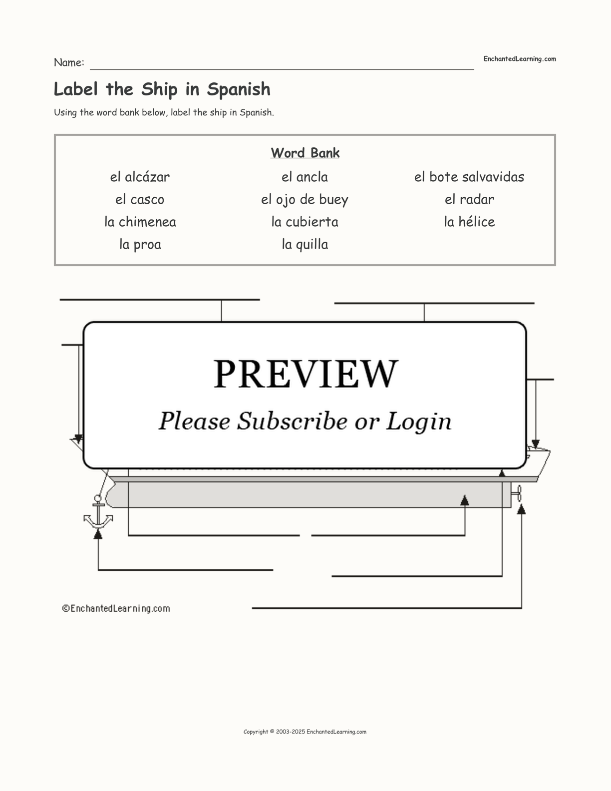 Label the Ship in Spanish interactive worksheet page 1