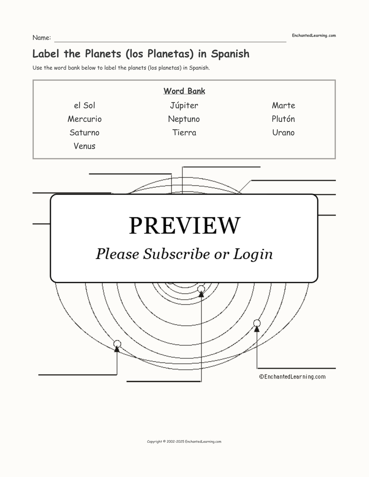 Label the Planets (los Planetas) in Spanish interactive worksheet page 1