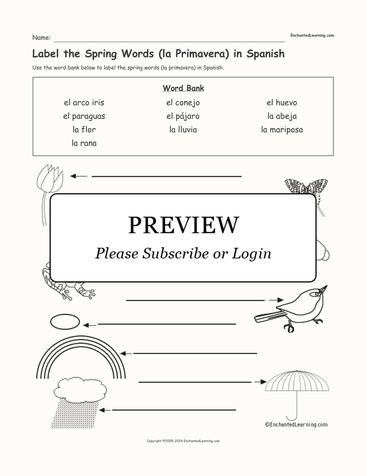 Label the Spring Words (la Primavera) in Spanish interactive worksheet page 1