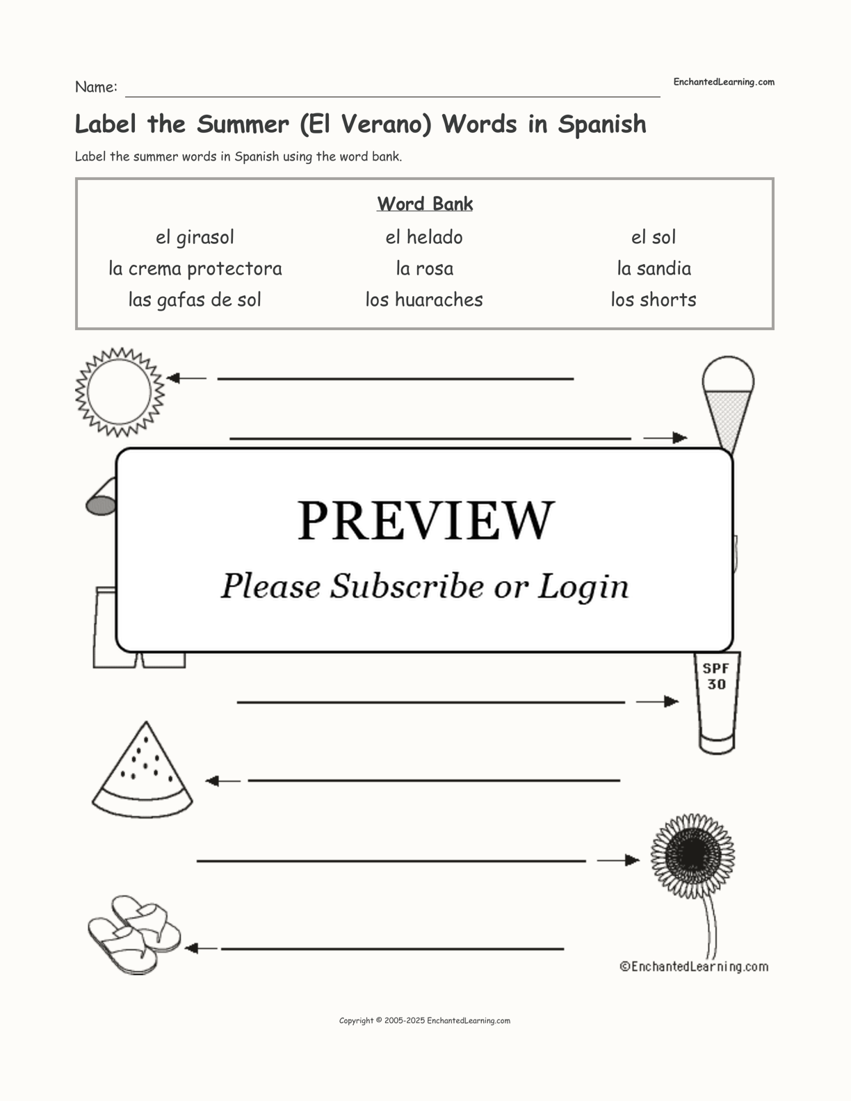 Label the Summer (El Verano) Words in Spanish interactive worksheet page 1