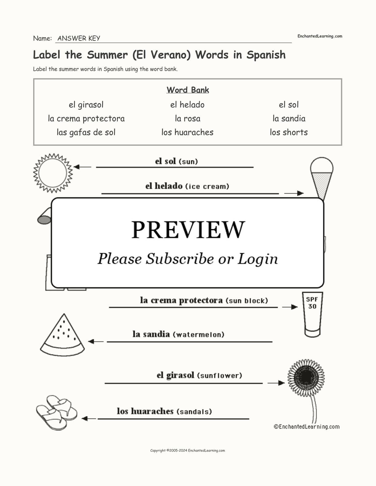 Label the Summer (El Verano) Words in Spanish interactive worksheet page 2