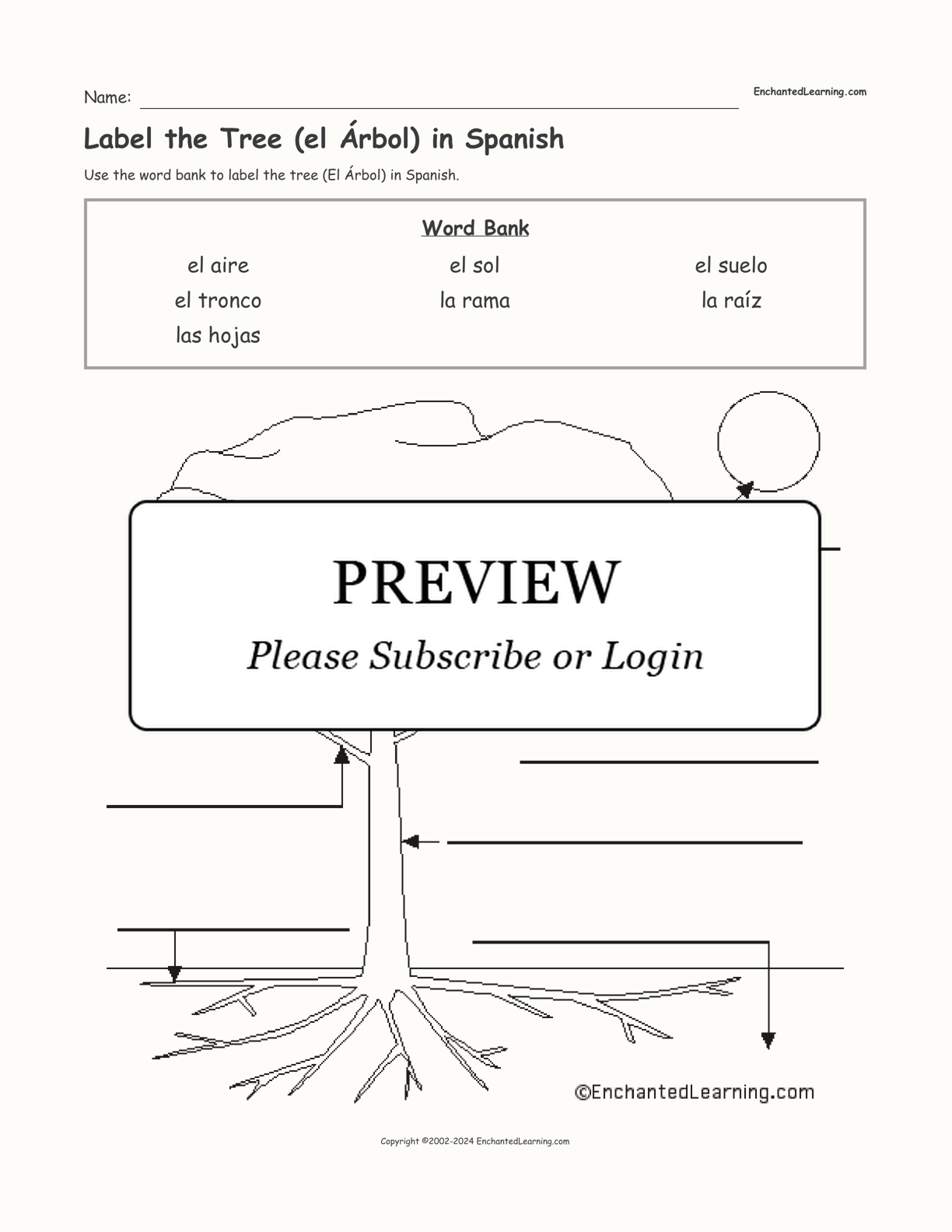 Label the Tree (el Árbol) in Spanish interactive worksheet page 1