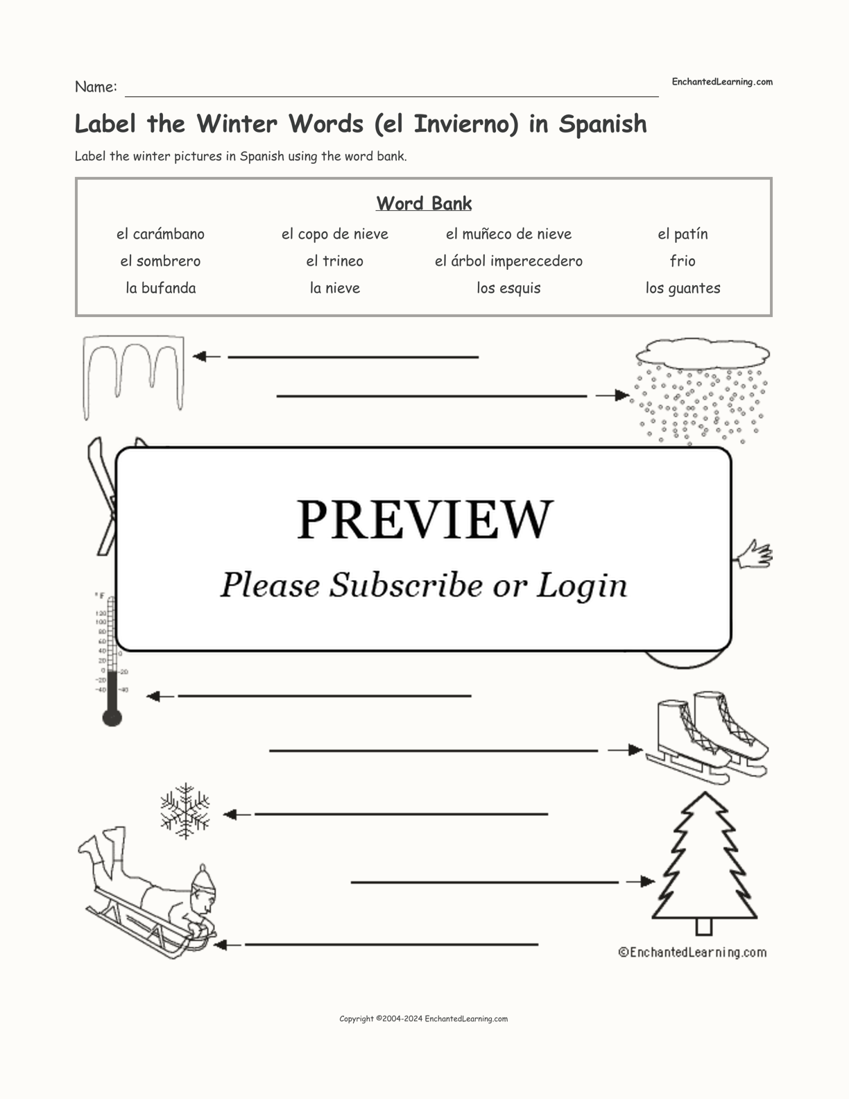 Label the Winter Words (el Invierno) in Spanish interactive worksheet page 1