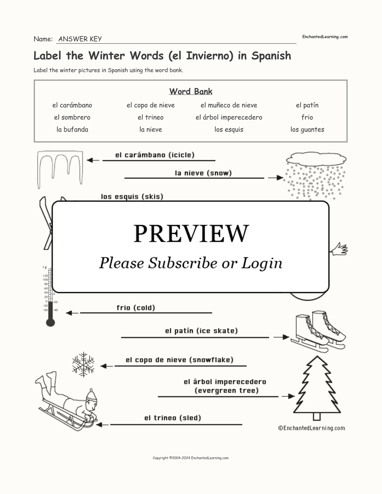 Label the Winter Words (el Invierno) in Spanish interactive worksheet page 2