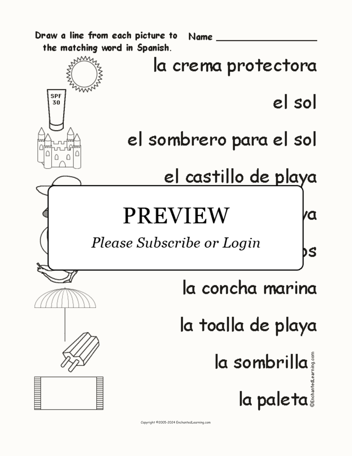 Match the Spanish Beach Words to the Pictures interactive worksheet page 1