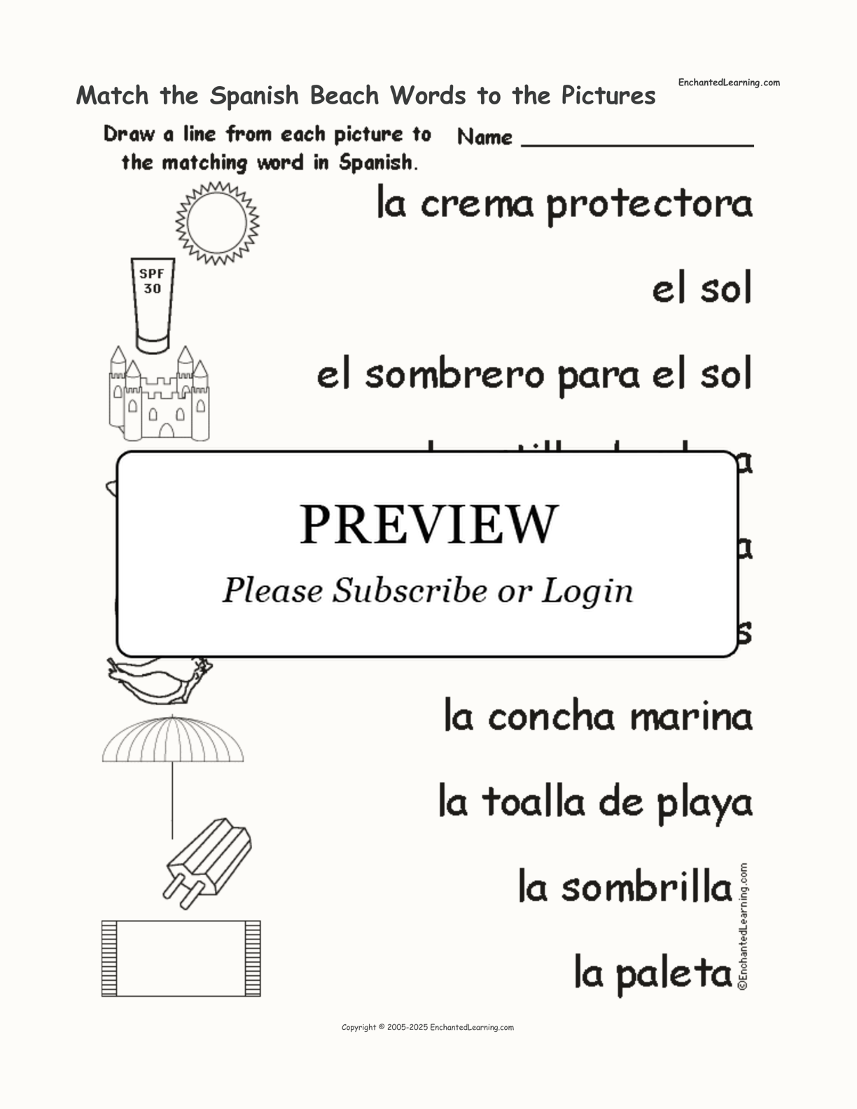 Match the Spanish Beach Words to the Pictures interactive worksheet page 1