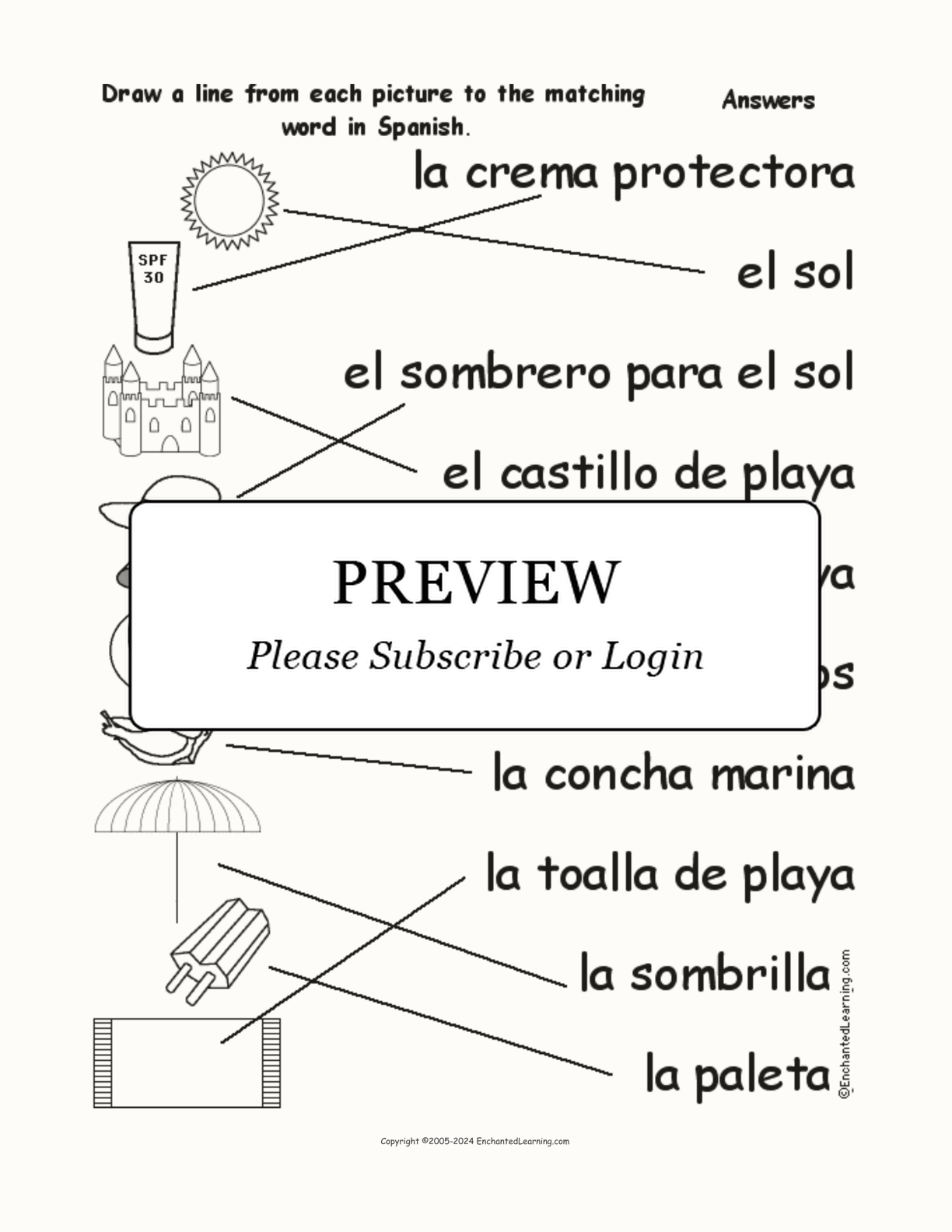Match the Spanish Beach Words to the Pictures interactive worksheet page 2