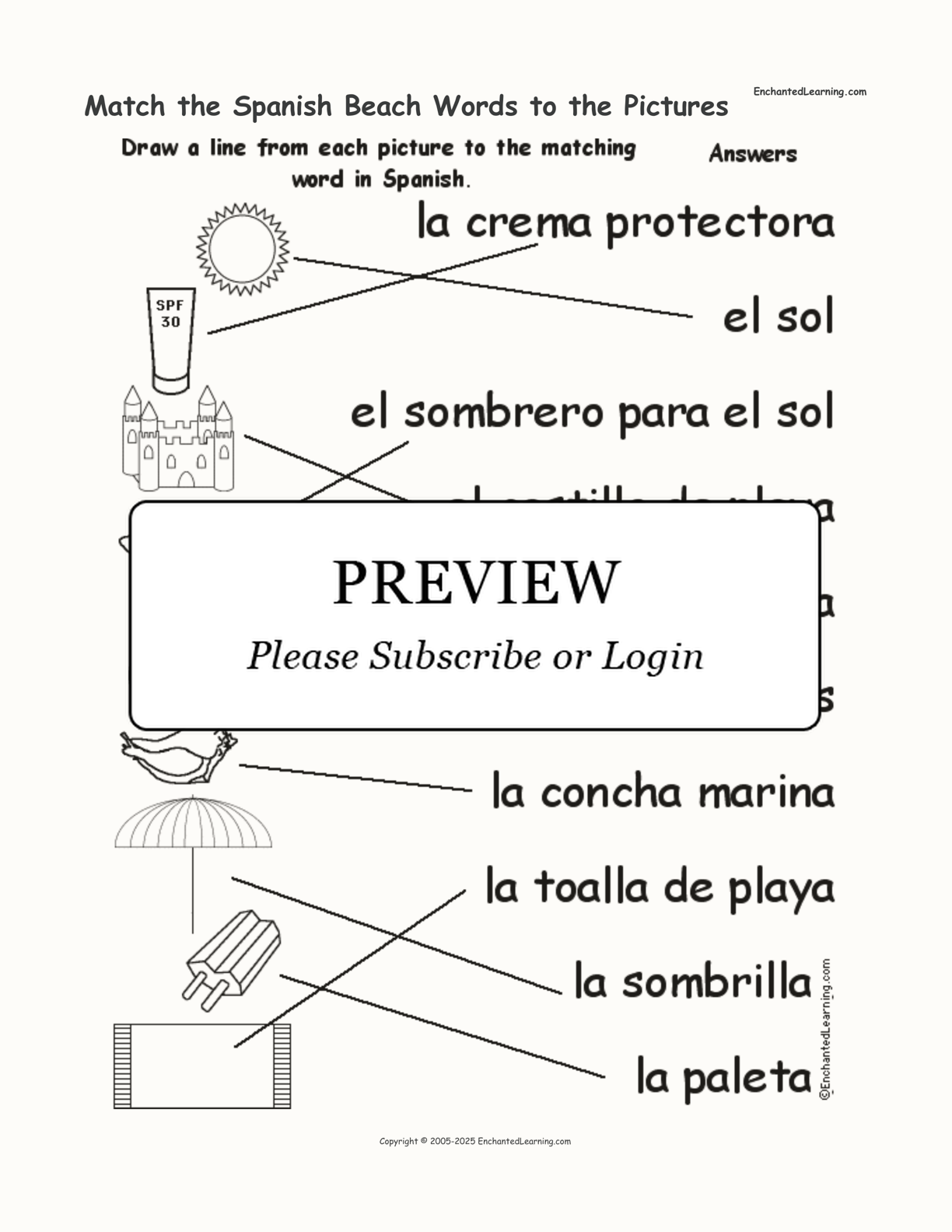 Match the Spanish Beach Words to the Pictures interactive worksheet page 2