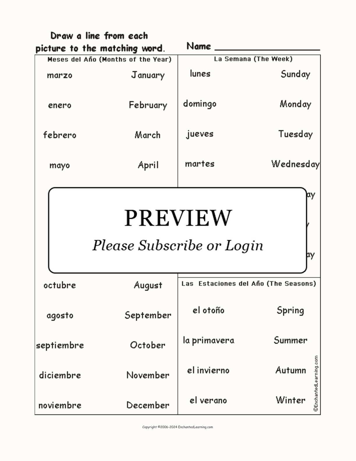Match the Spanish Calendar Words to the Pictures interactive worksheet page 1