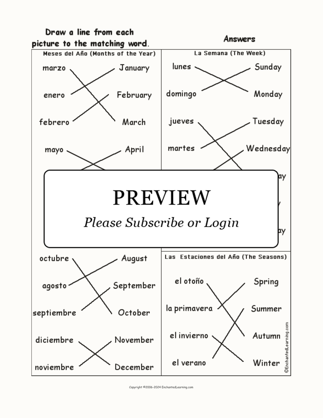 Match the Spanish Calendar Words to the Pictures interactive worksheet page 2