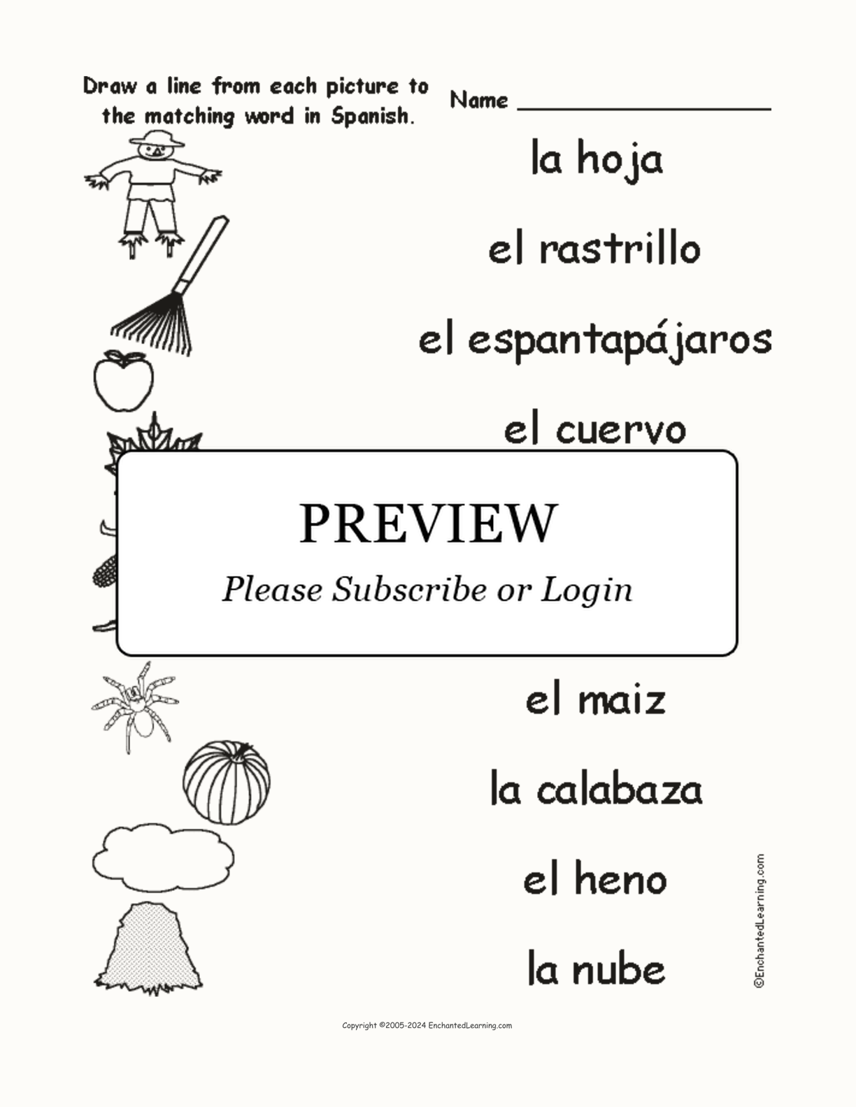 Match the Spanish Fall Words to the Pictures interactive worksheet page 1
