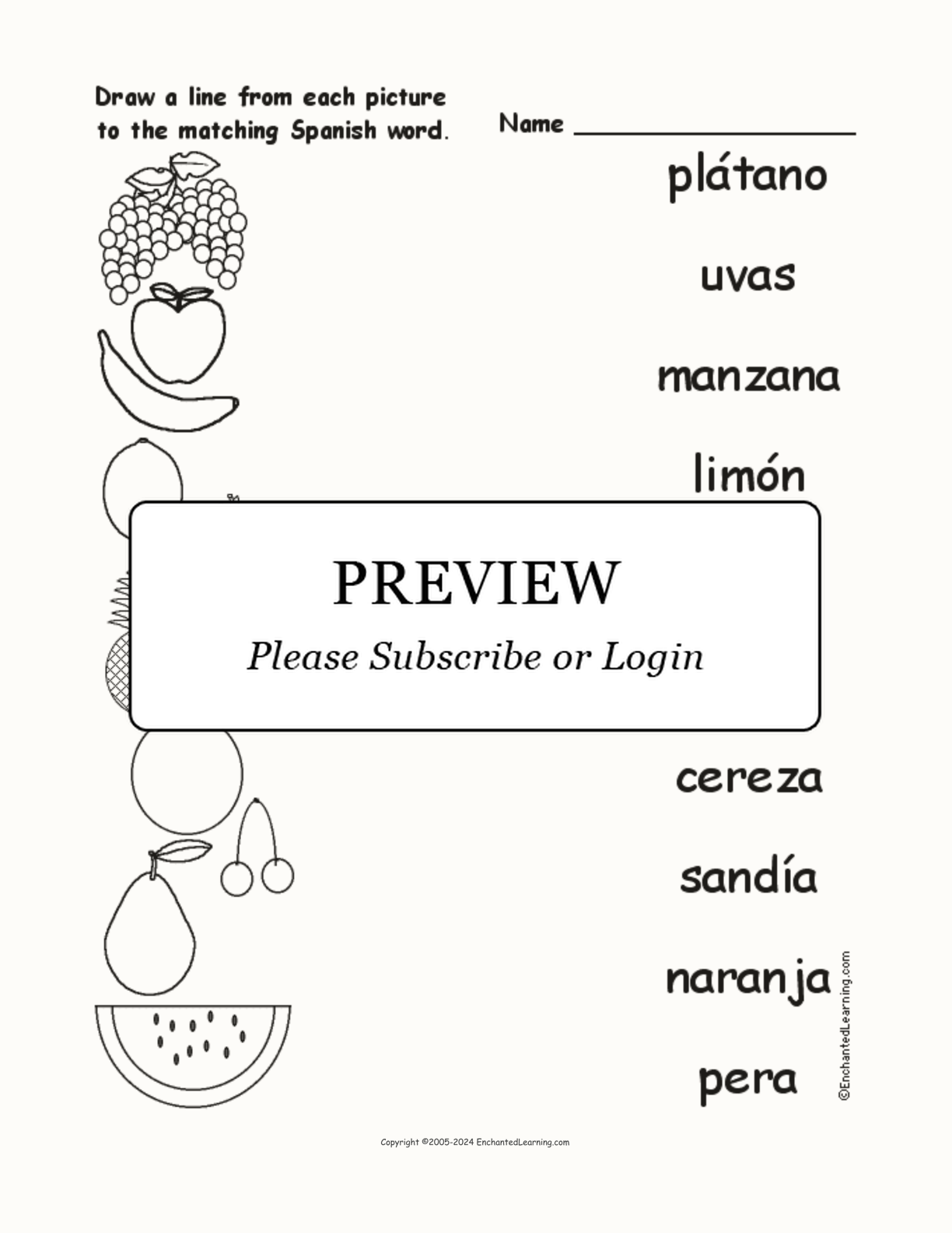 Match the Spanish Fruit Words to the Pictures interactive worksheet page 1