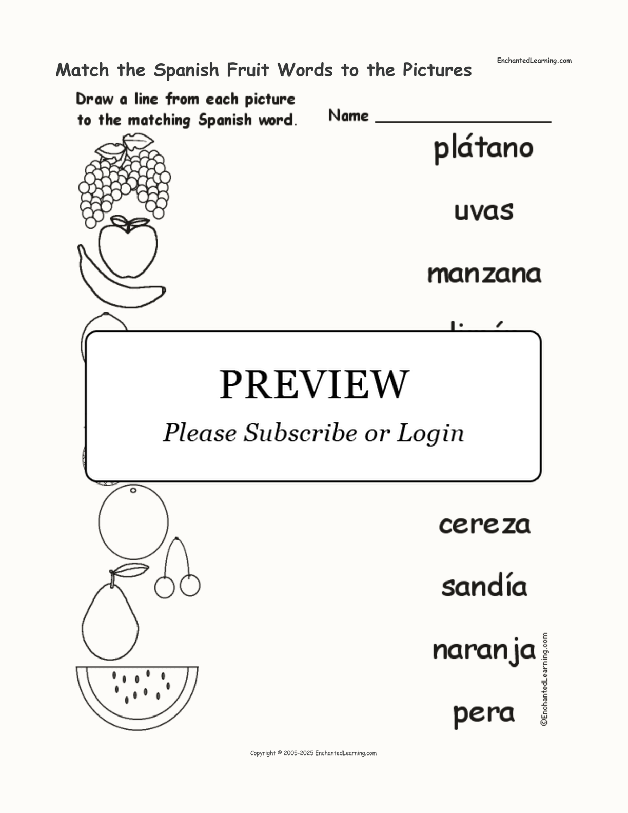 Match the Spanish Fruit Words to the Pictures interactive worksheet page 1