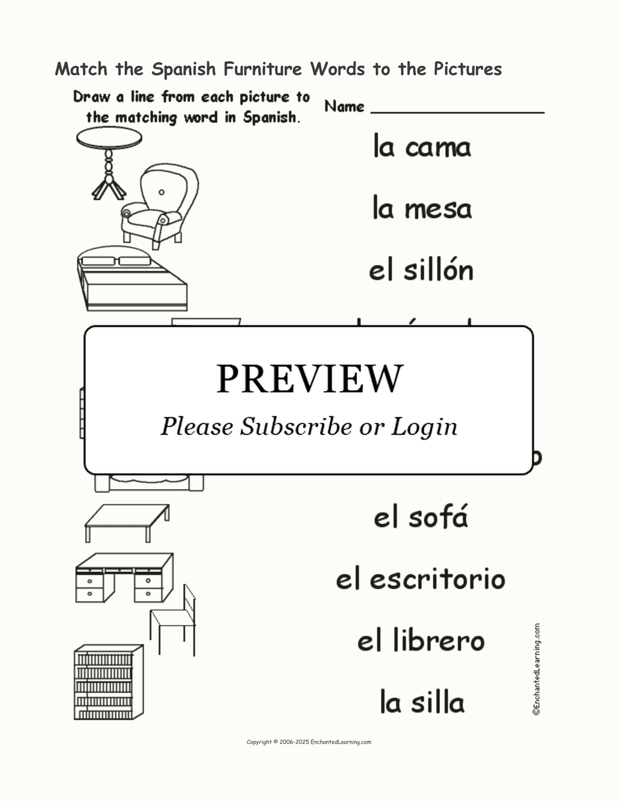 Match the Spanish Furniture Words to the Pictures interactive worksheet page 1