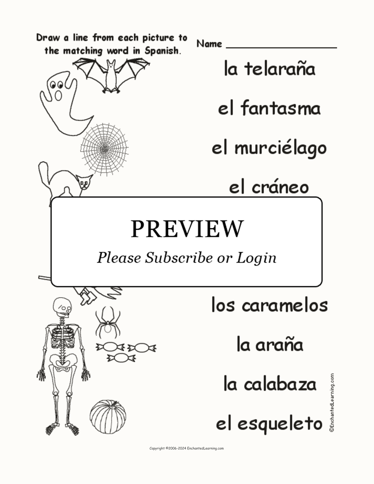 Match the Spanish Words to the Halloween Pictures interactive worksheet page 1