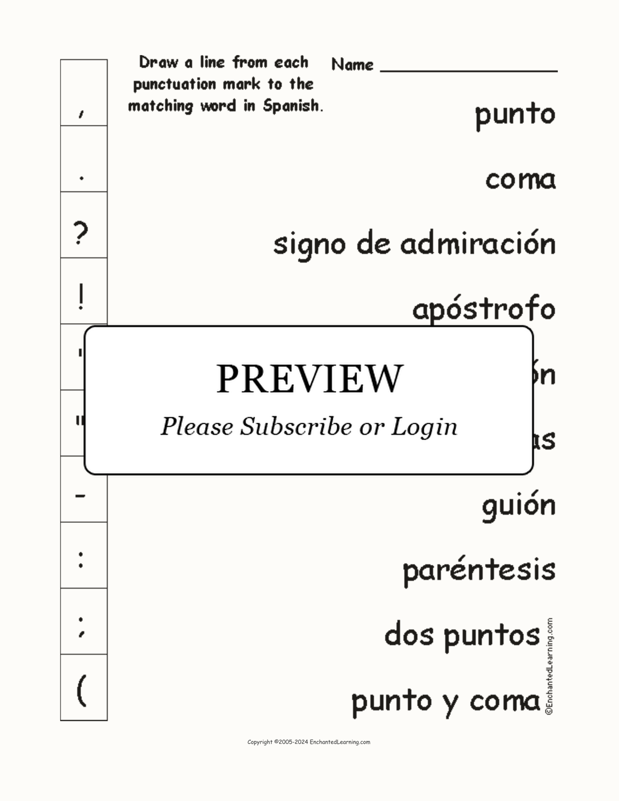 Match Spanish Punctuation Marks to the Pictures interactive worksheet page 1