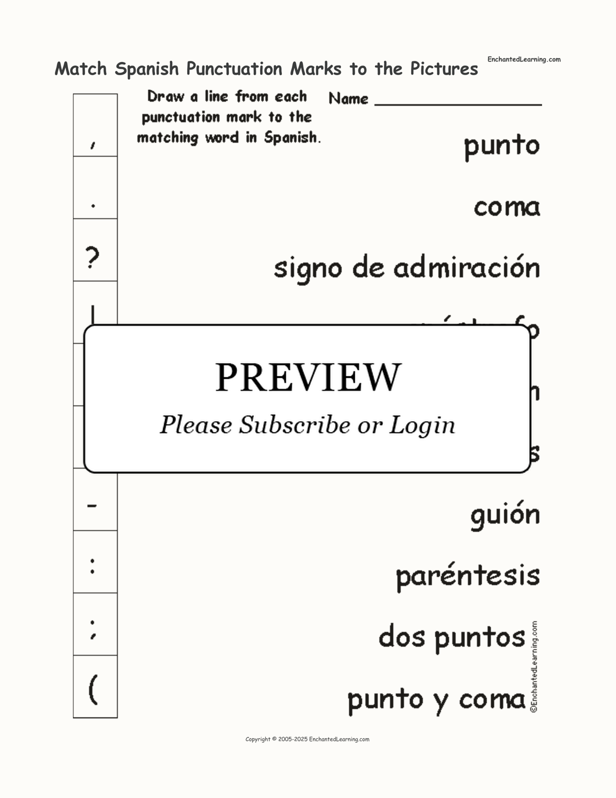 Match Spanish Punctuation Marks to the Pictures interactive worksheet page 1