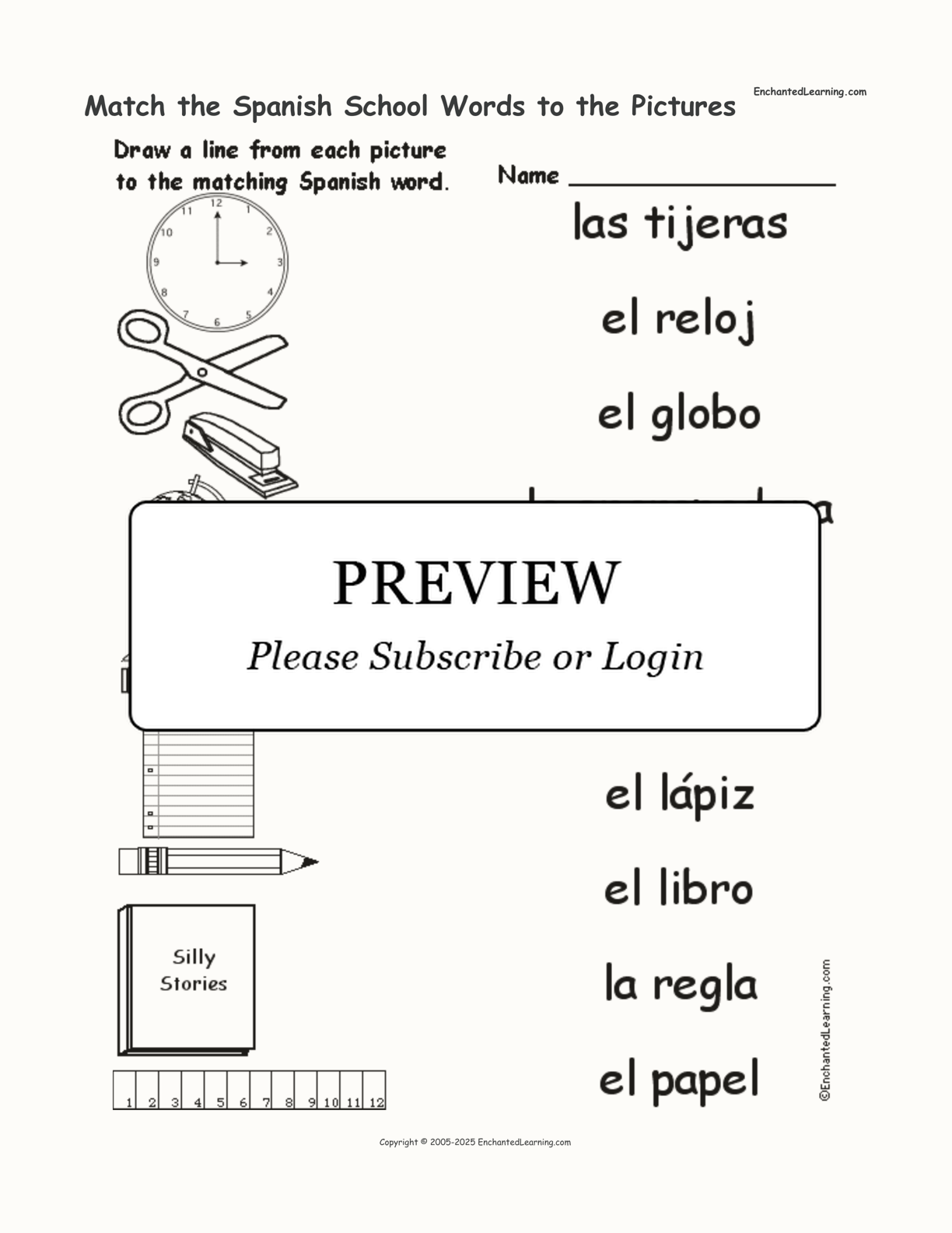 Match the Spanish School Words to the Pictures interactive worksheet page 1