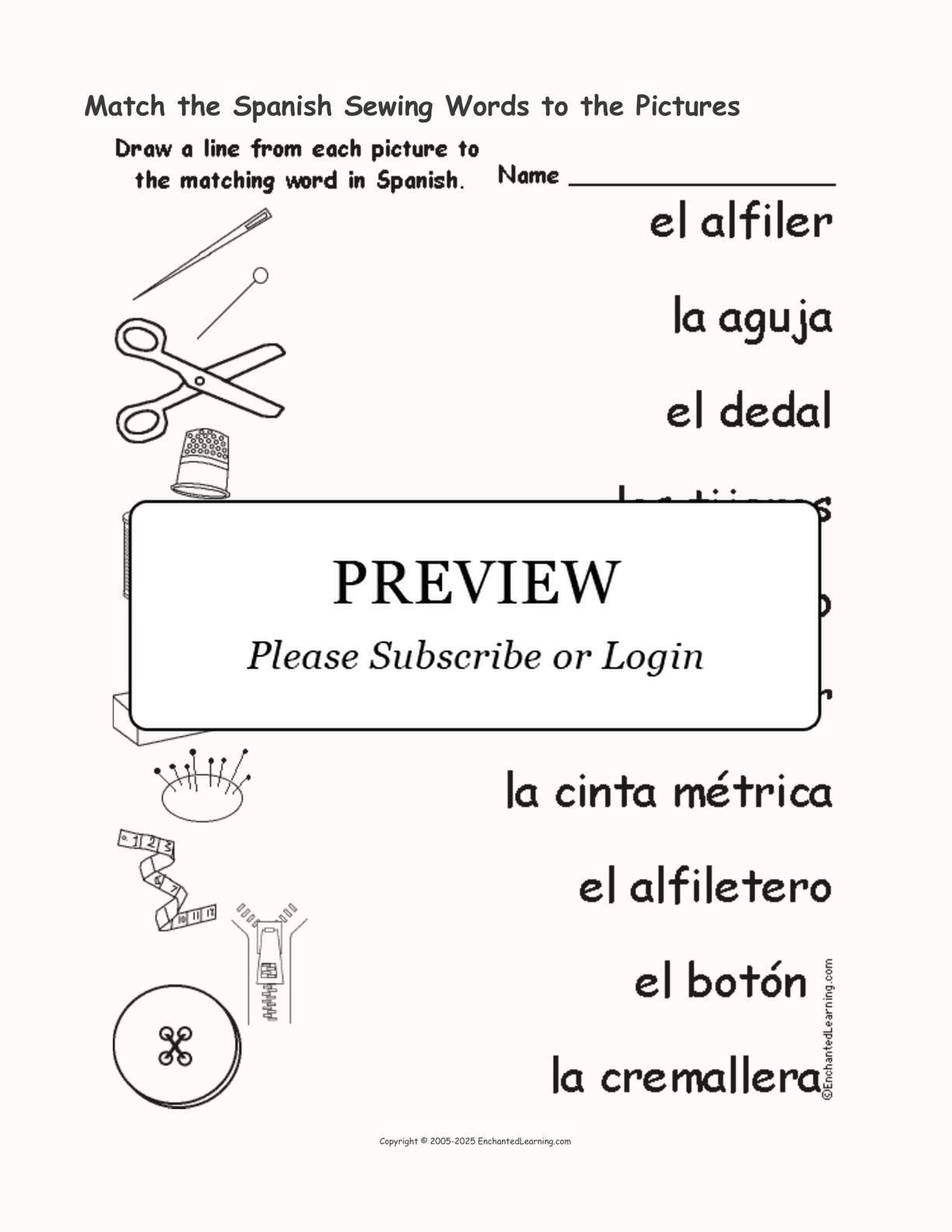 Match the Spanish Sewing Words to the Pictures interactive worksheet page 1