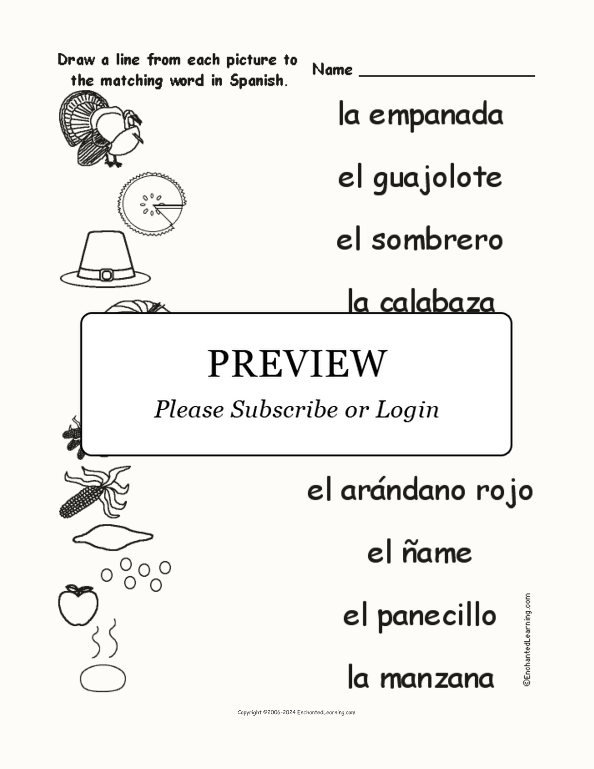 Thanksgiving: Match Spanish Words to Pictures interactive worksheet page 1