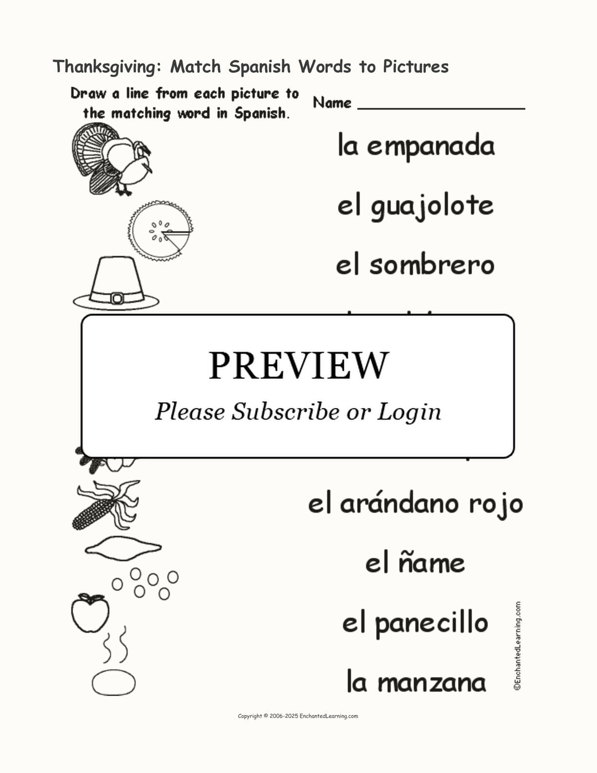 Thanksgiving: Match Spanish Words to Pictures interactive worksheet page 1