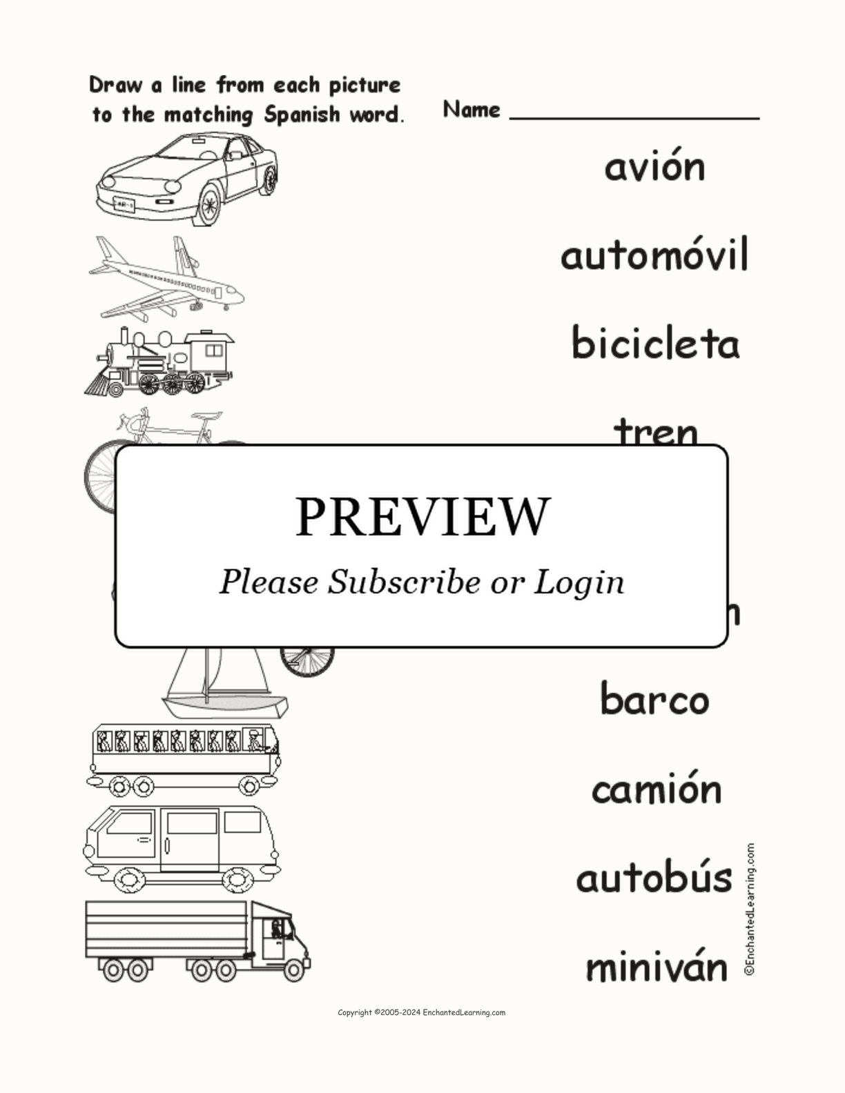 Match the Spanish Vehicle Words to the Pictures interactive worksheet page 1