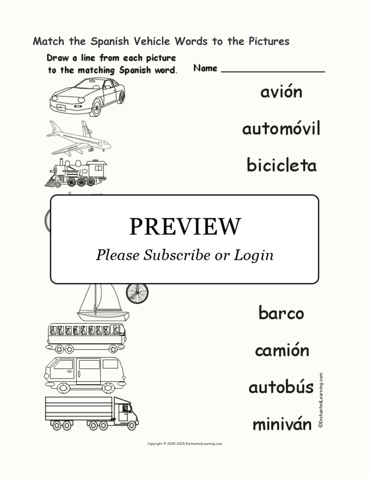 Match the Spanish Vehicle Words to the Pictures interactive worksheet page 1