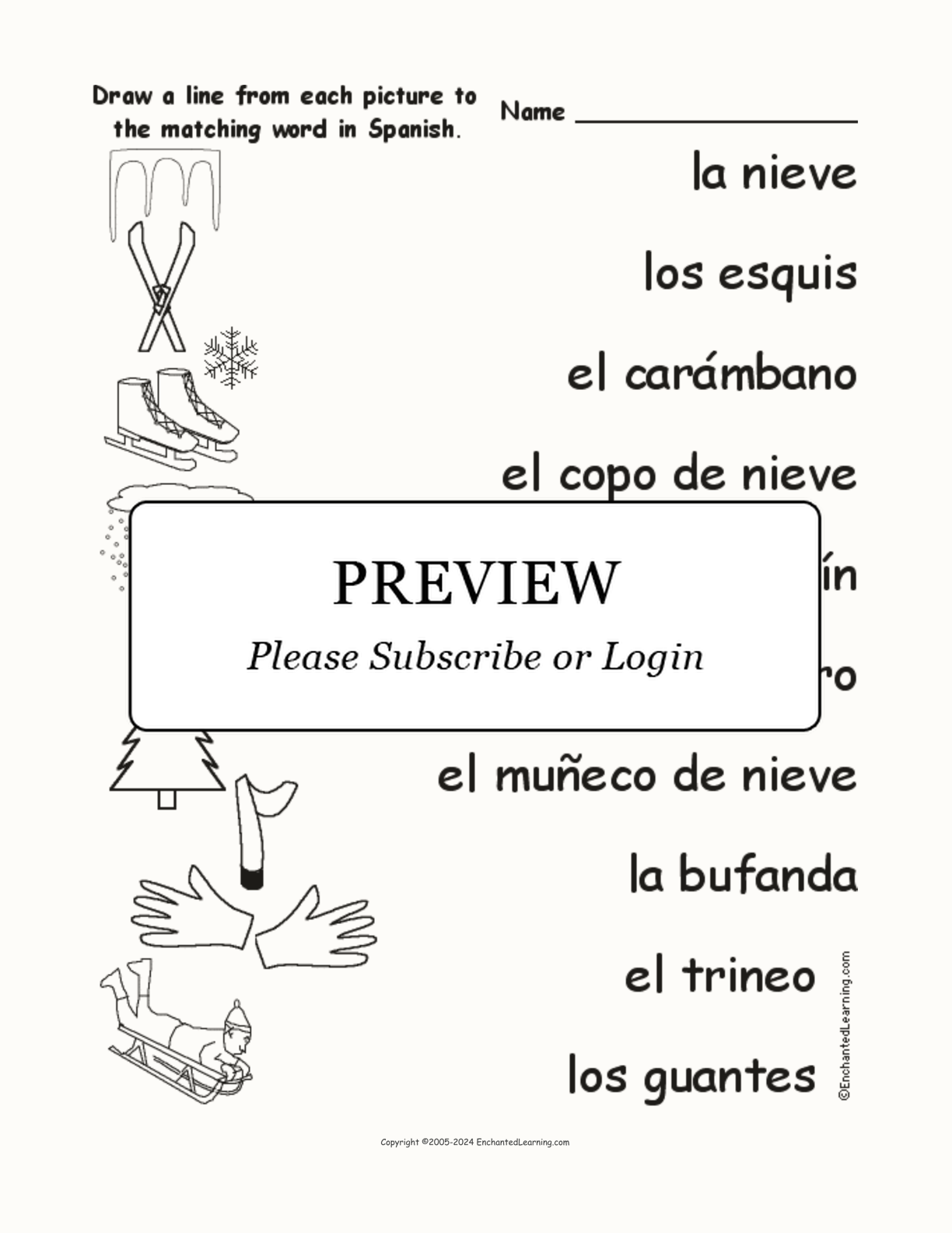 Match the Spanish Winter Words to the Pictures interactive worksheet page 1