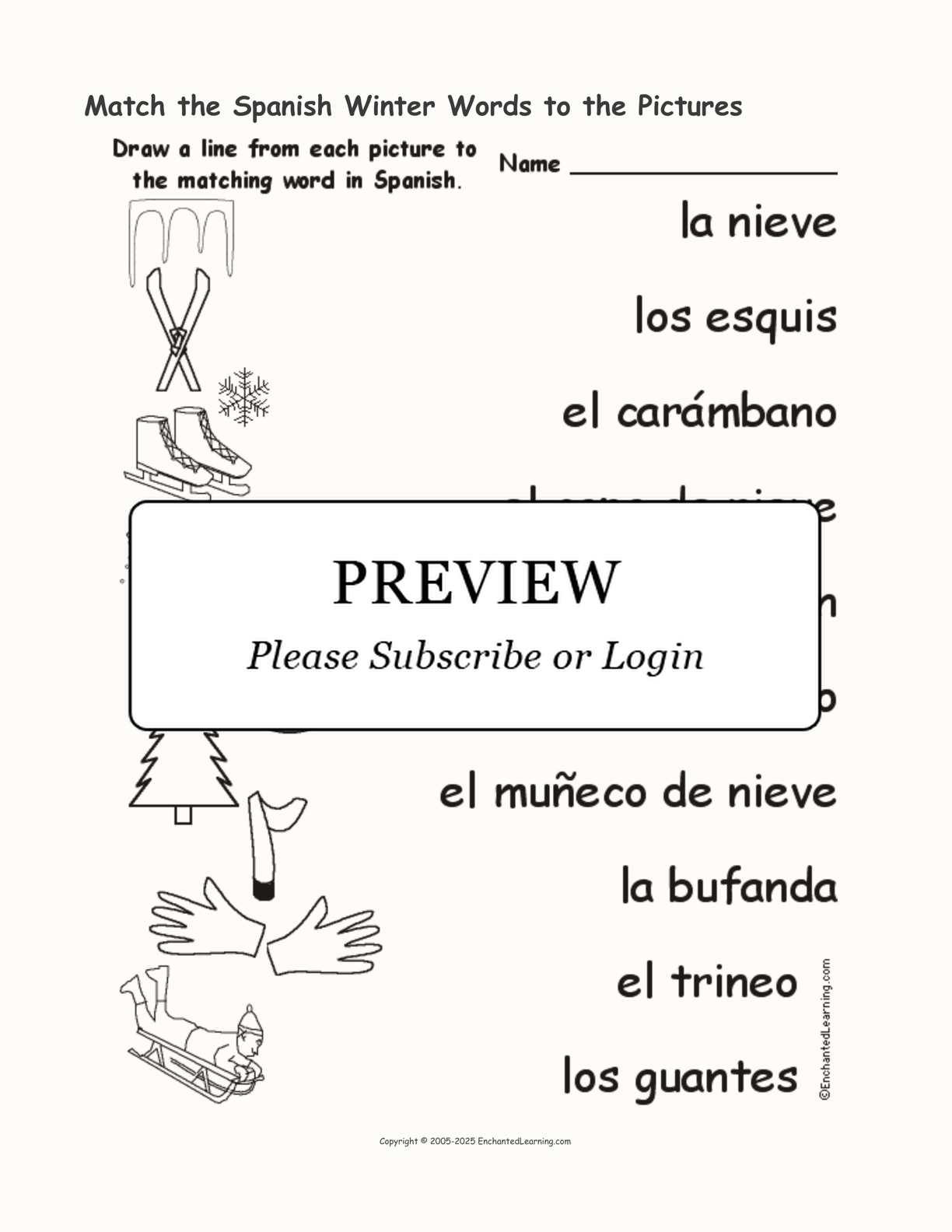 Match the Spanish Winter Words to the Pictures interactive worksheet page 1