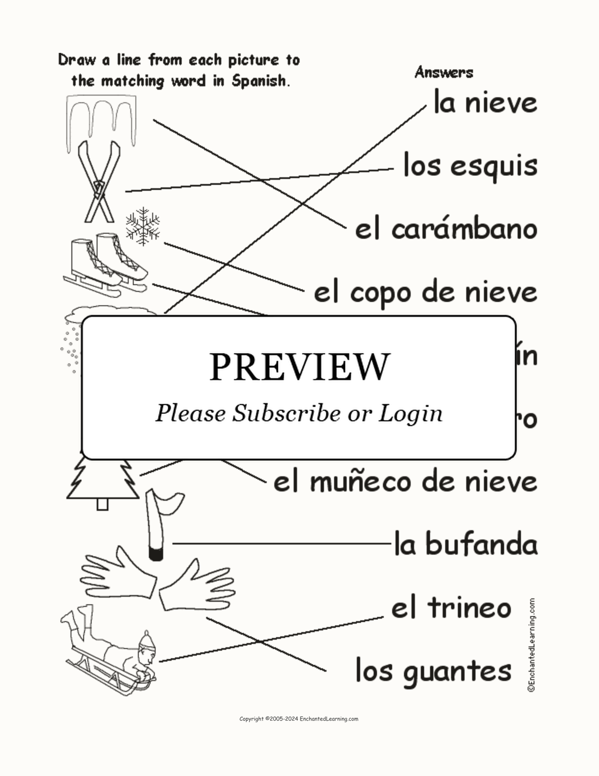Match the Spanish Winter Words to the Pictures interactive worksheet page 2