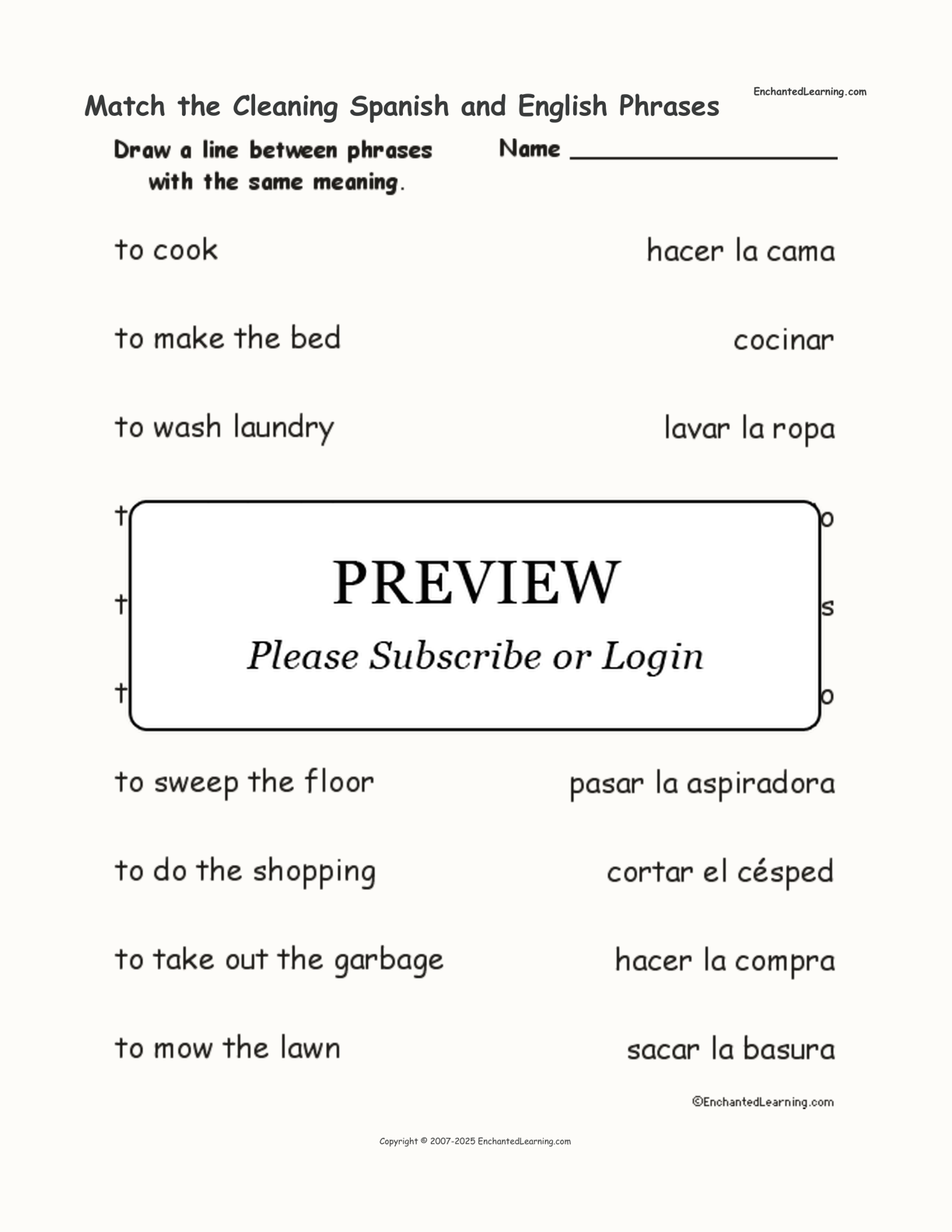 Match the Cleaning Spanish and English Phrases interactive worksheet page 1