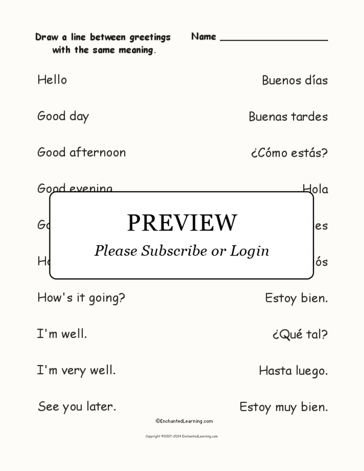 Match the Spanish and English Greetings Phrases interactive worksheet page 1