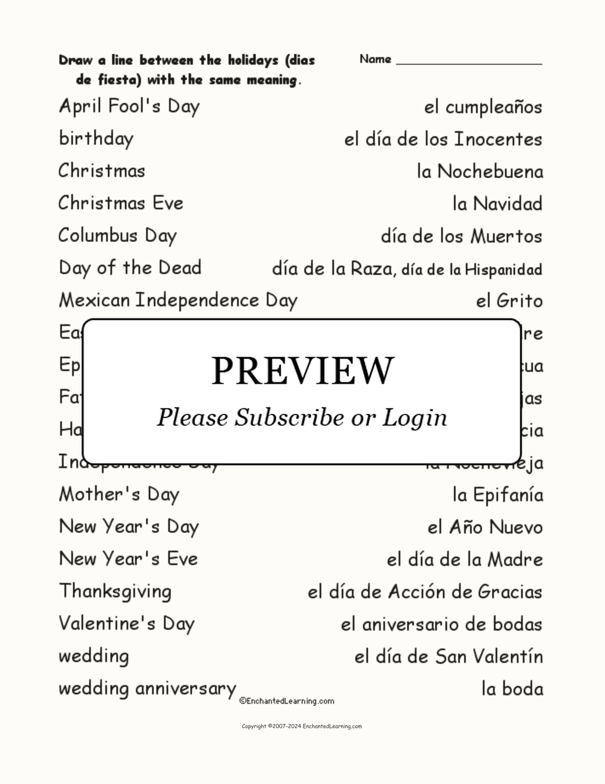 Match the Spanish and English Holiday Phrases interactive worksheet page 1