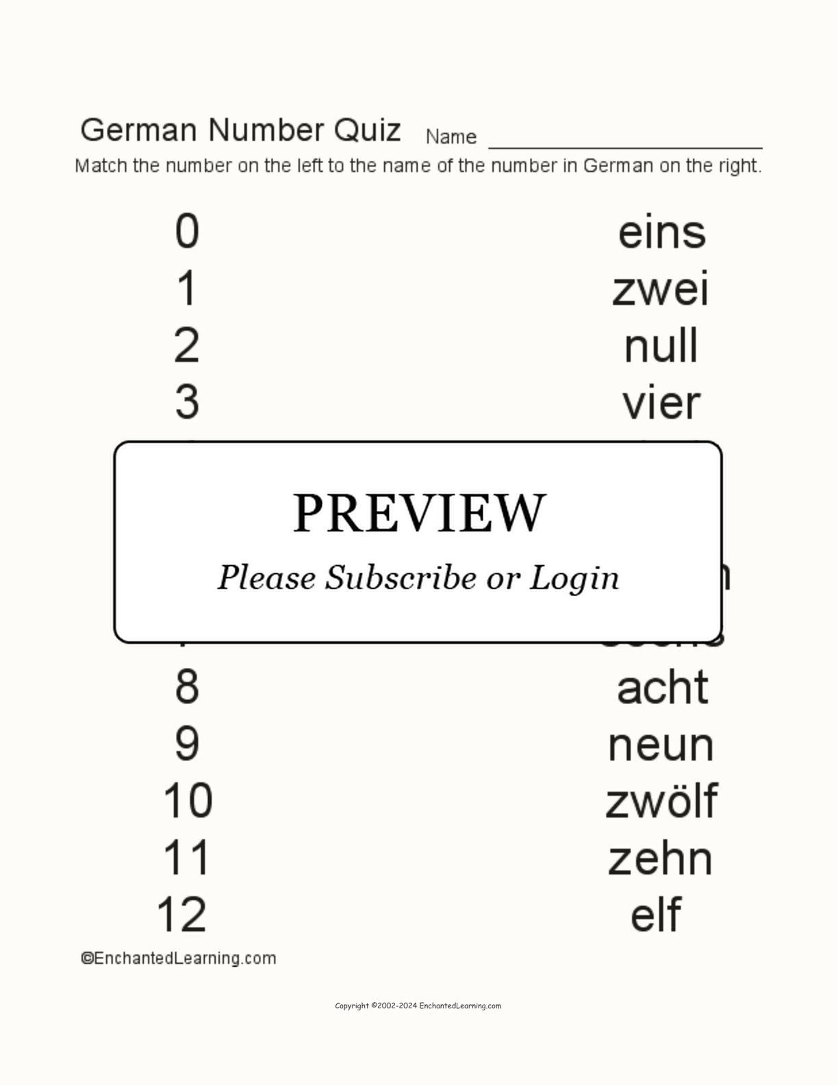 Matching German Numbers interactive worksheet page 1