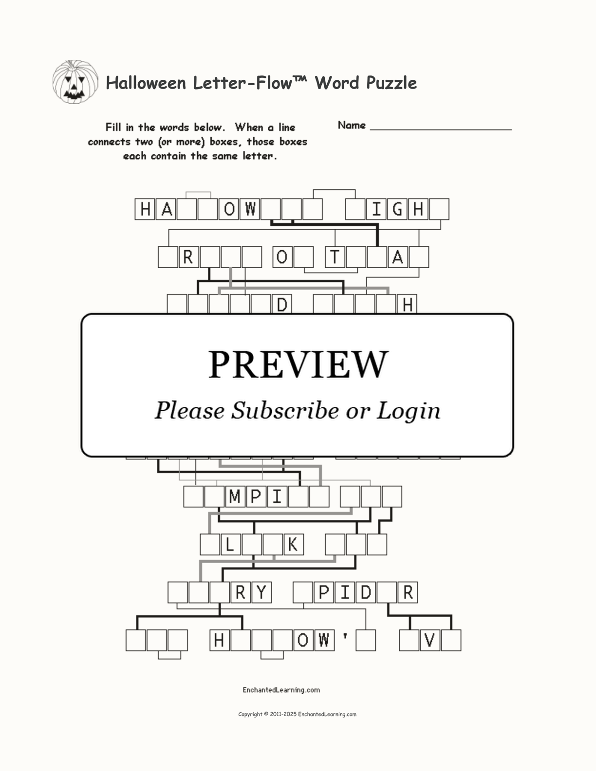 Halloween Letter-Flow™ Word Puzzle interactive worksheet page 1