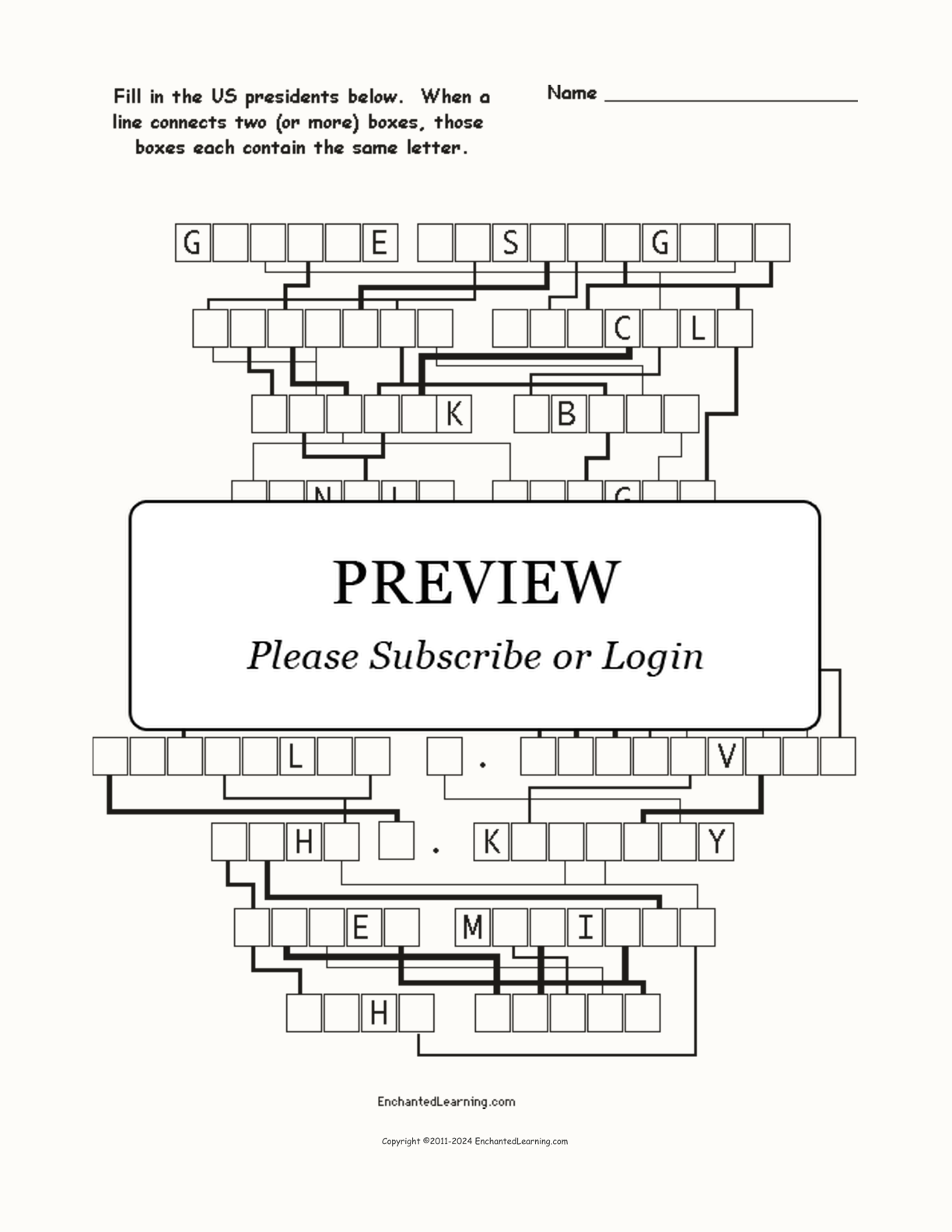 US Presidents - Letter-Flow Printable Word Puzzle interactive worksheet page 1