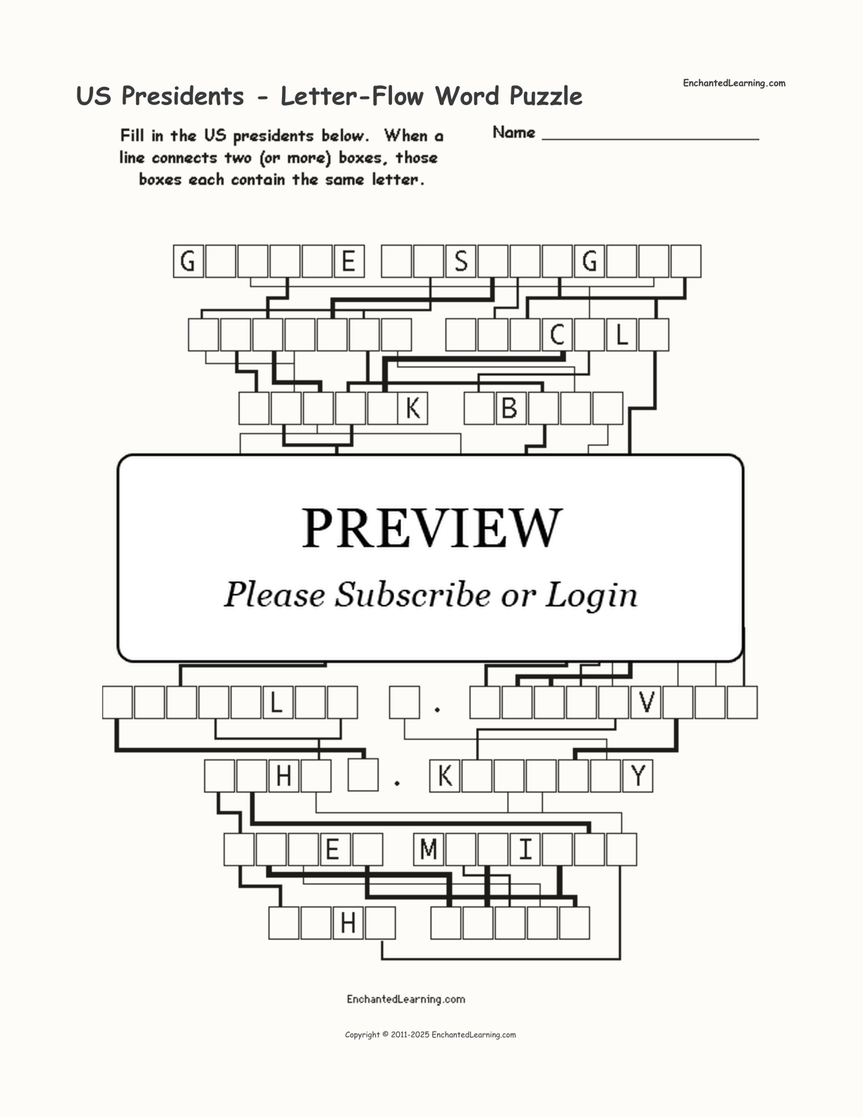 US Presidents - Letter-Flow Word Puzzle interactive worksheet page 1