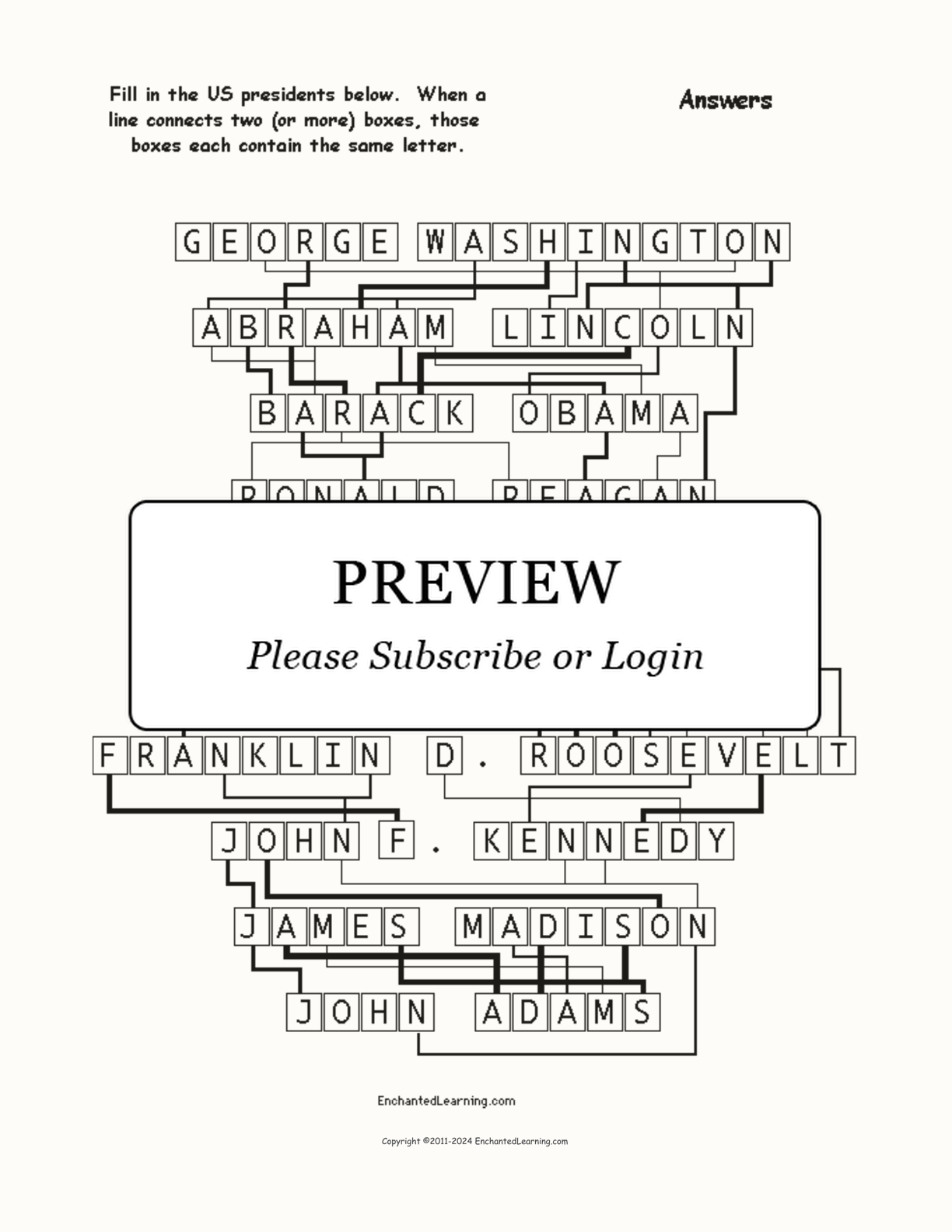 US Presidents - Letter-Flow Printable Word Puzzle interactive worksheet page 2