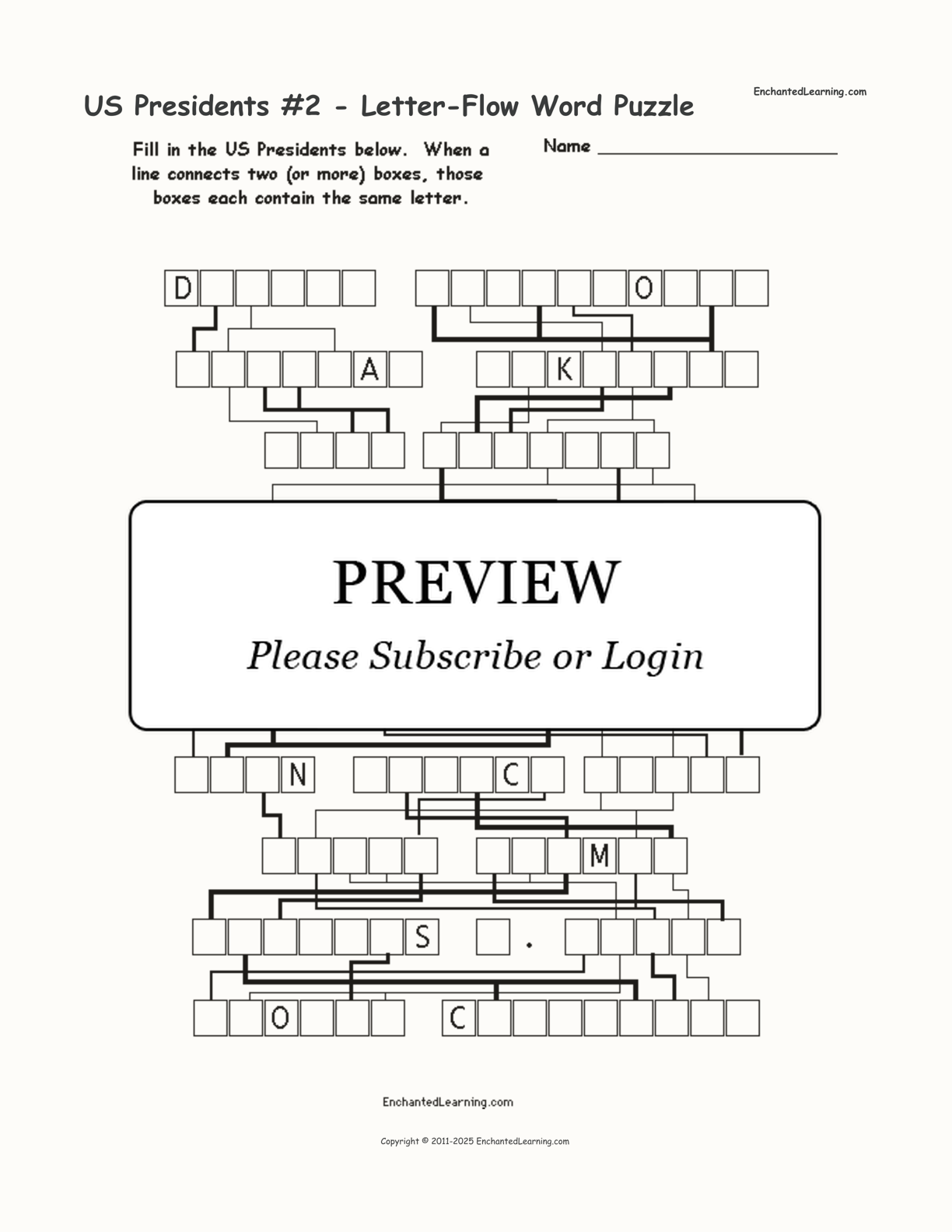 US Presidents #2 - Letter-Flow Word Puzzle interactive worksheet page 1